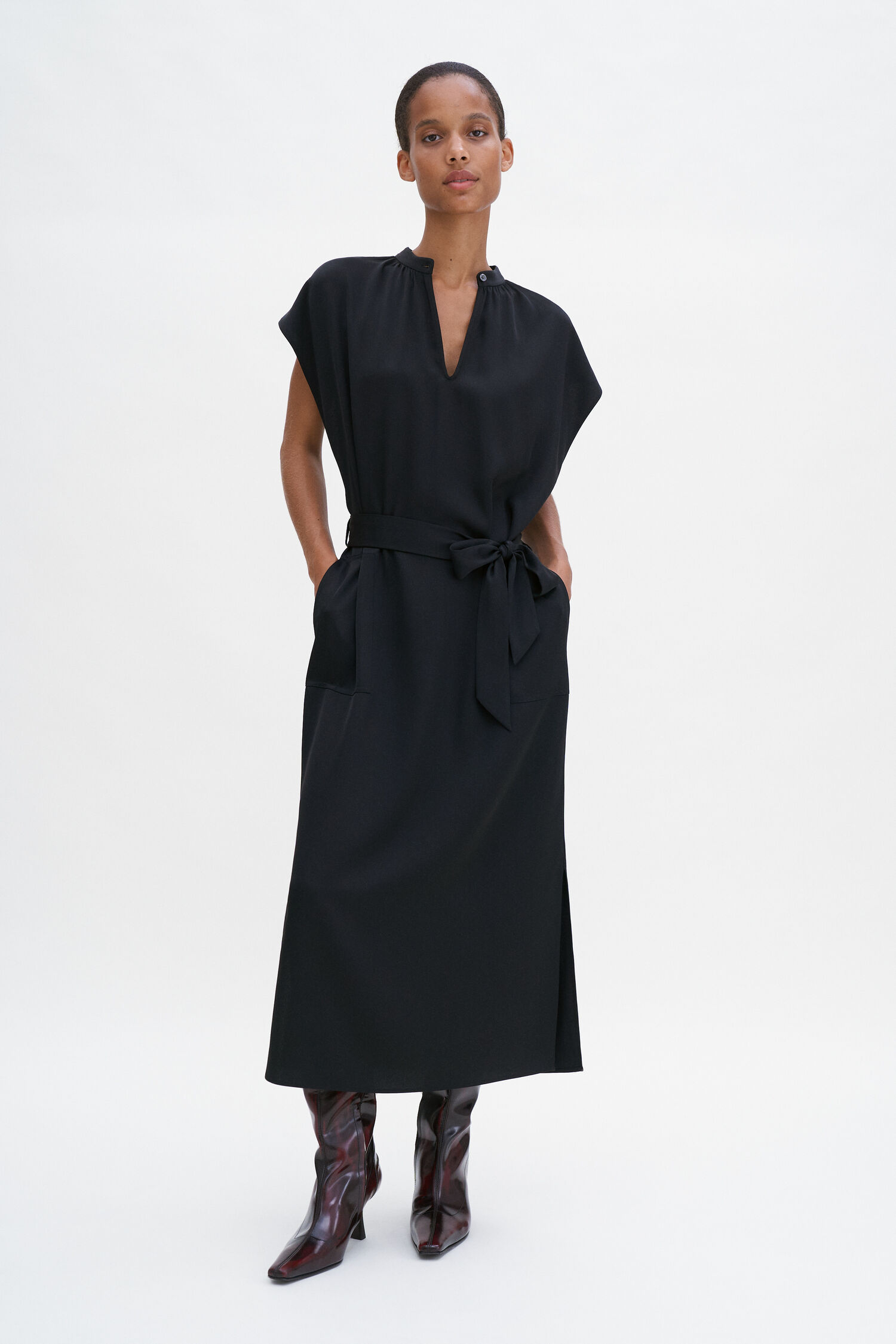 Belted Stand Collar Dress