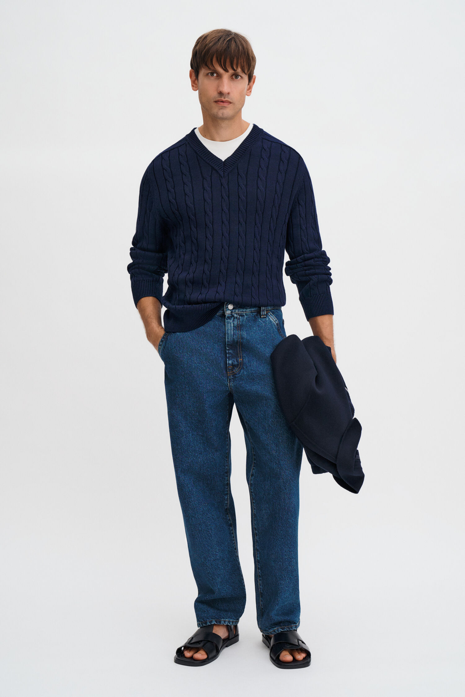 Braided Cotton V-Neck Sweater