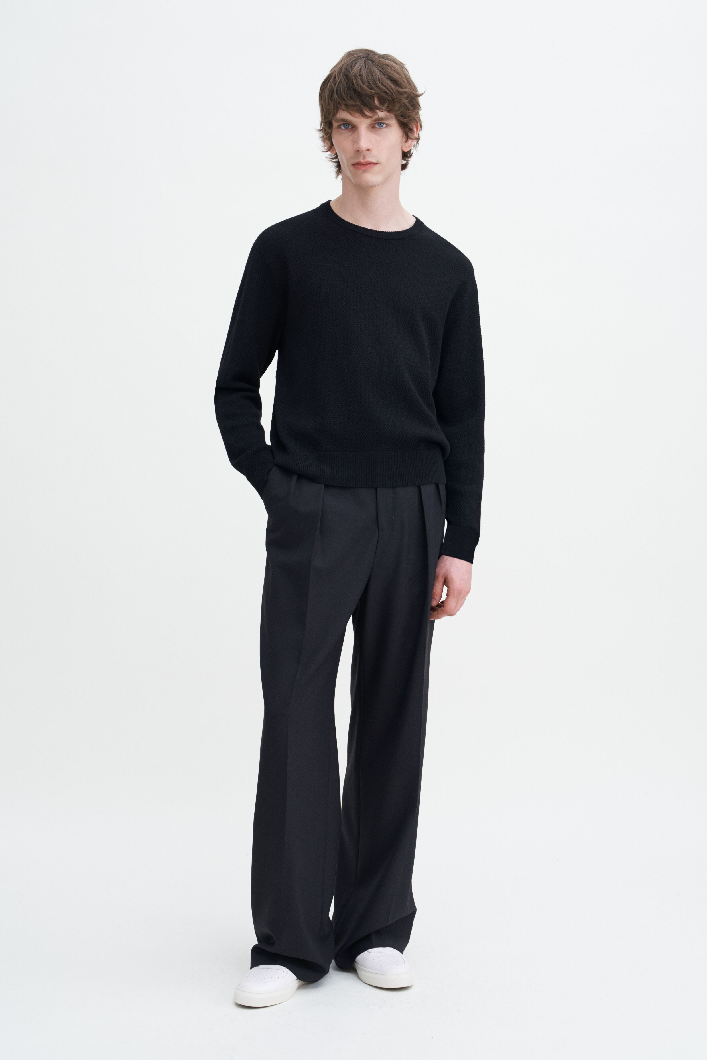 Black wool wide leg trousers cheap