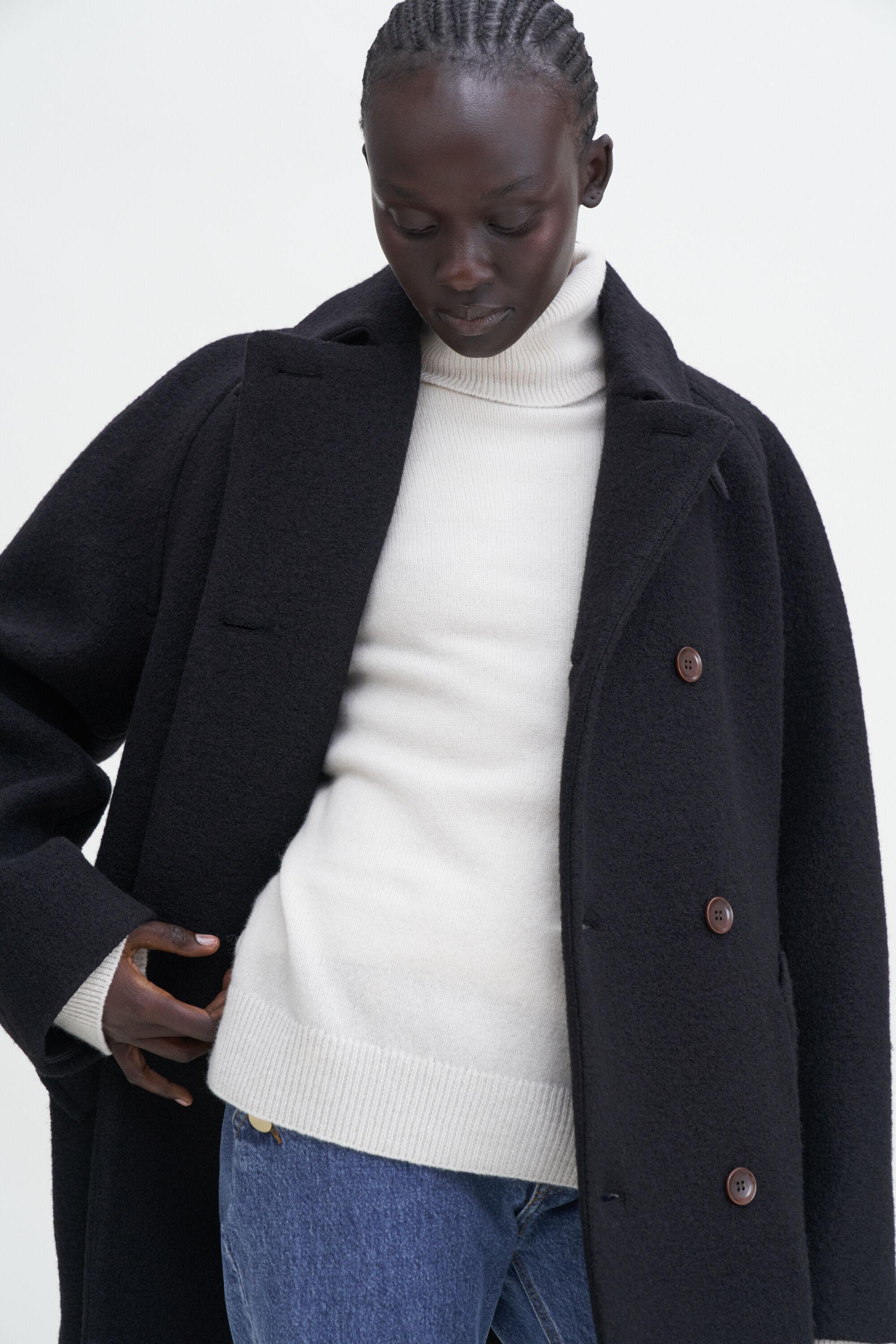 Double Breasted Boiled Wool Jacket - Black | FILIPPA K