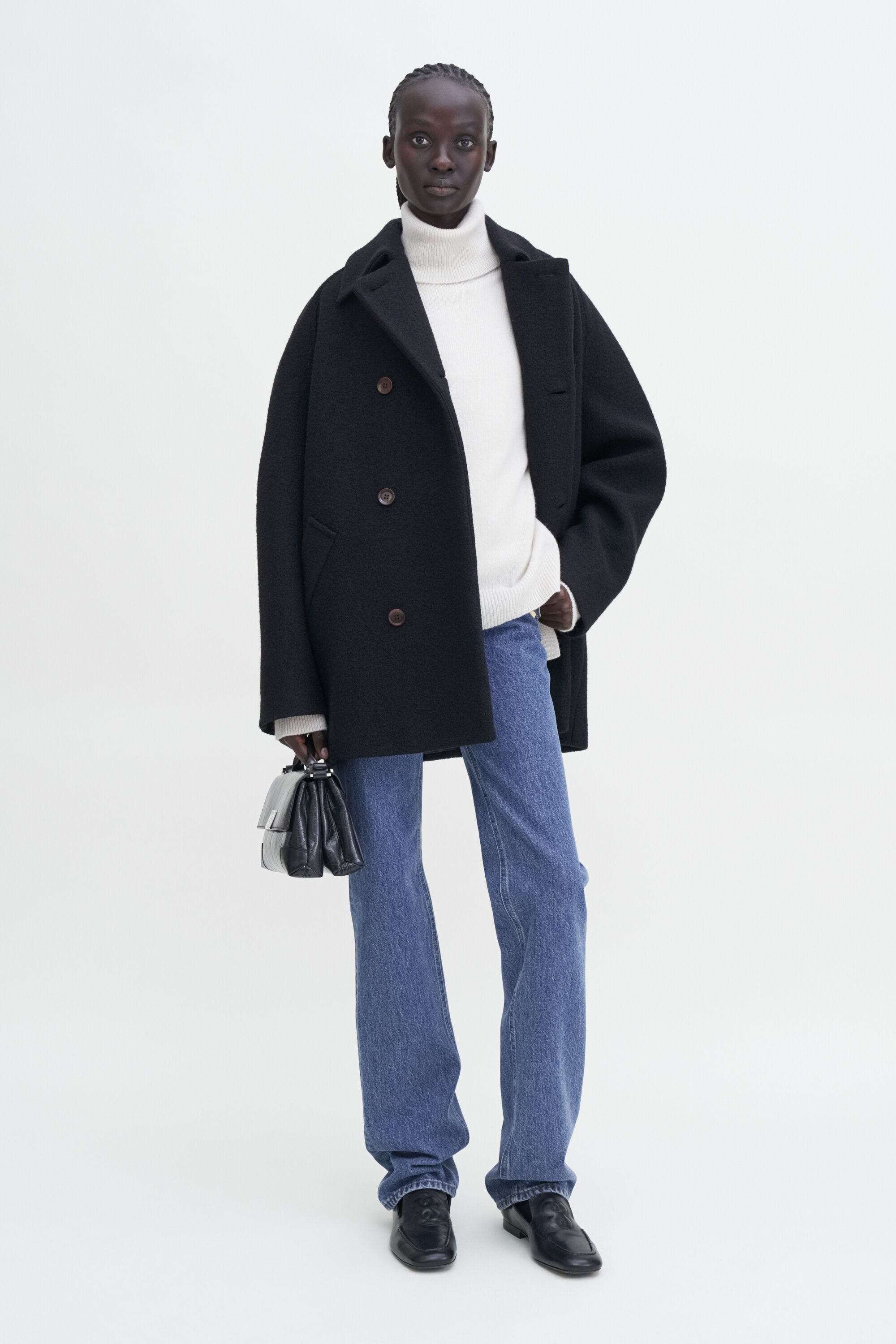 Double Breasted Boiled Wool Jacket - Black | FILIPPA K