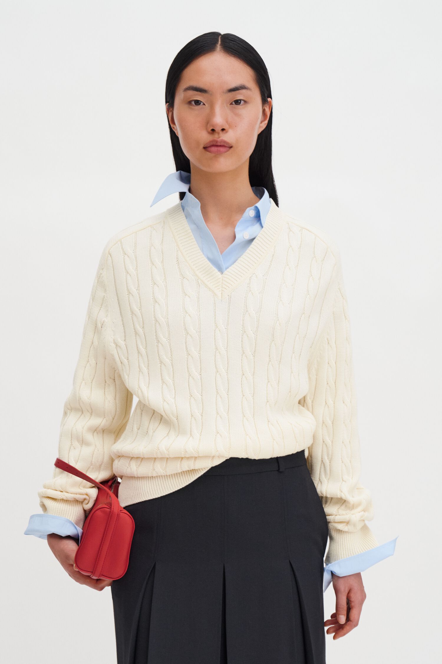 Braided Cotton V-Neck Sweater