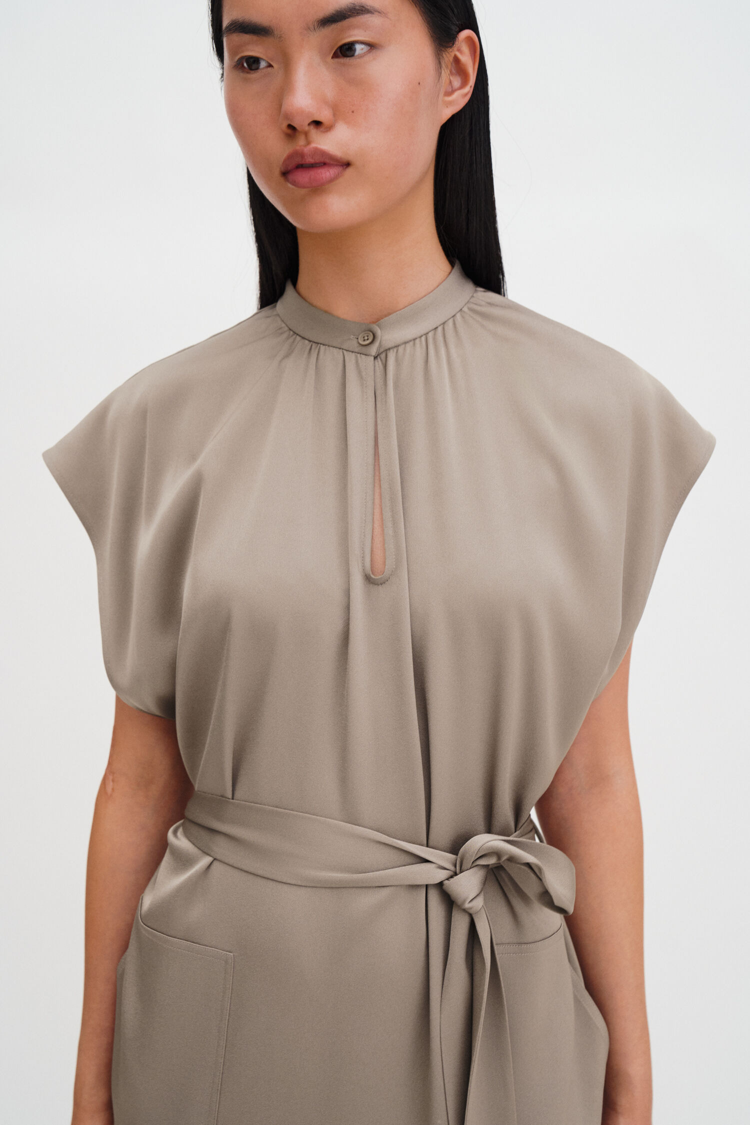 Belted Stand Collar Dress