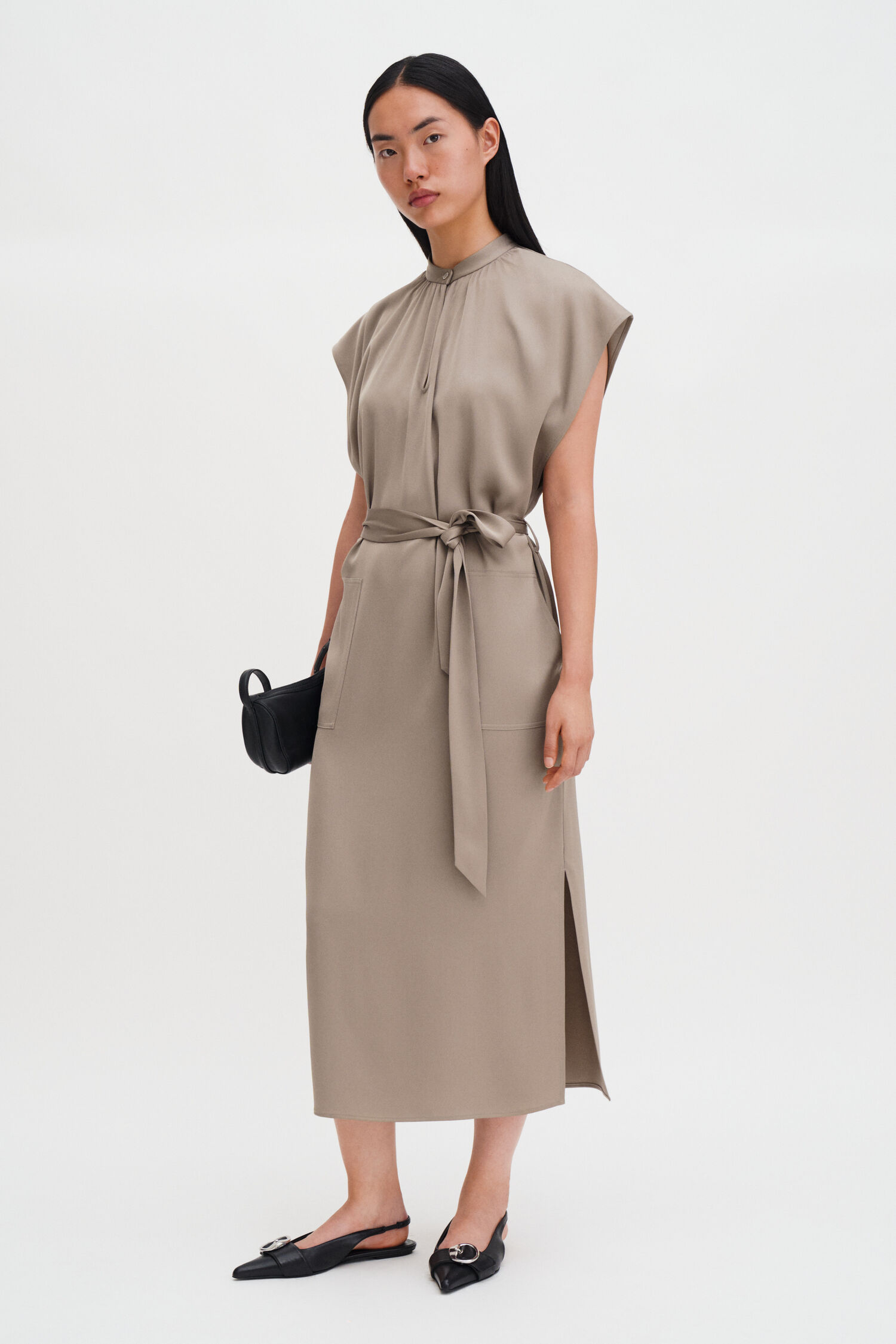 Belted Stand Collar Dress