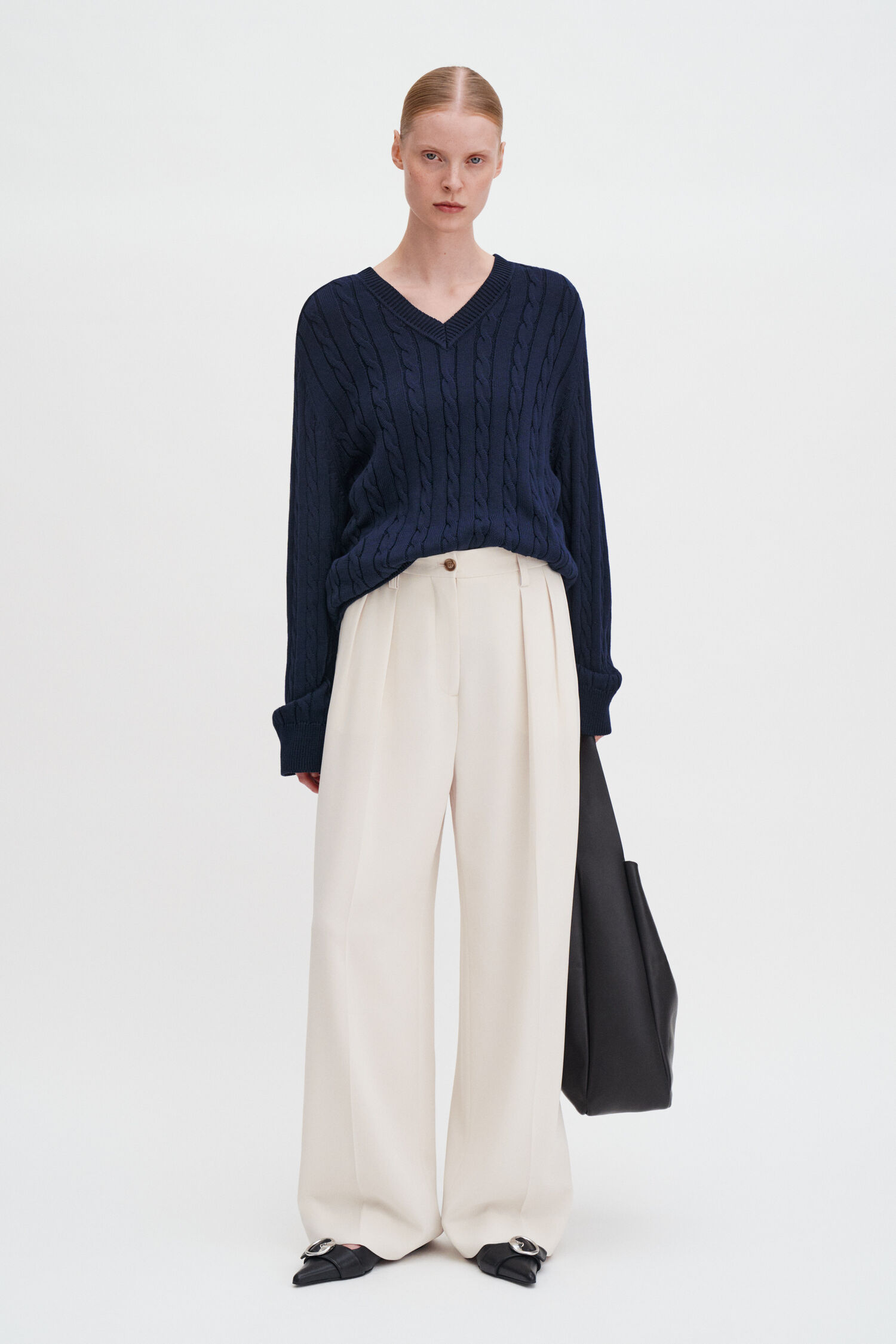 Braided Cotton V-Neck Sweater