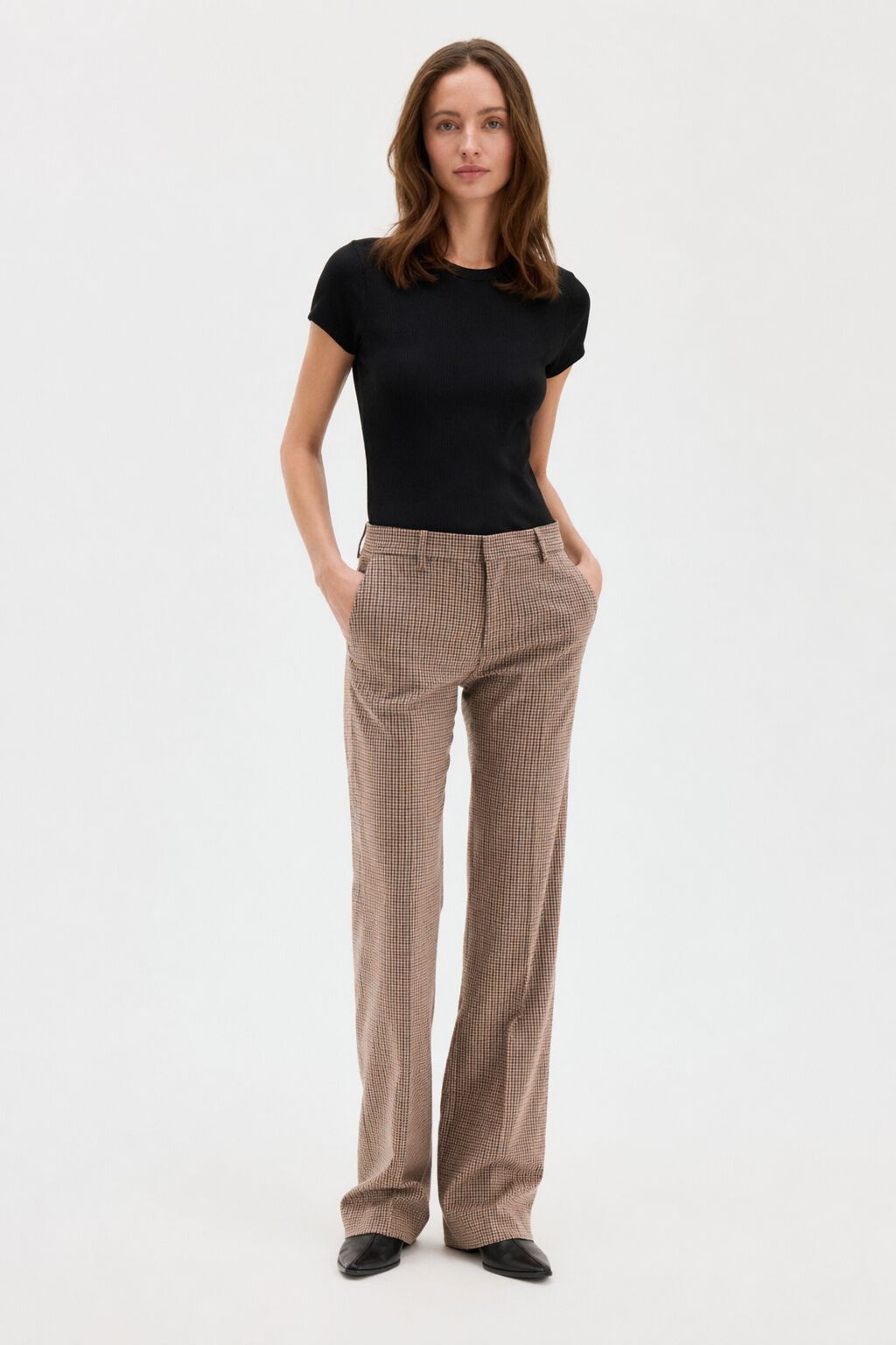 Bootcut Check Trousers - Sand Beige/Brown Check | FILIPPA K