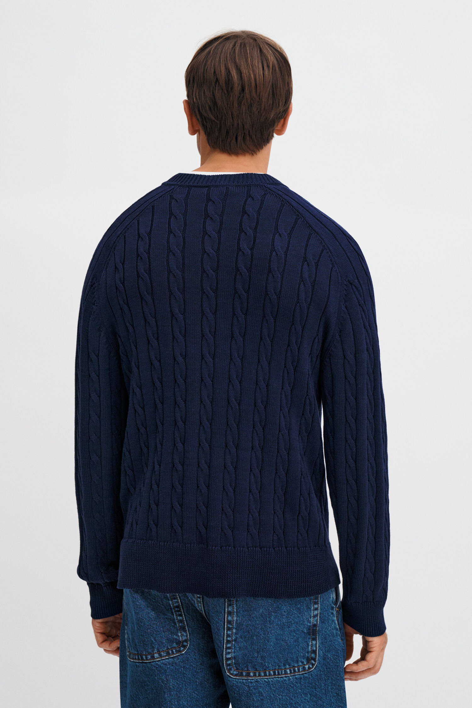 Braided Cotton V-Neck Sweater