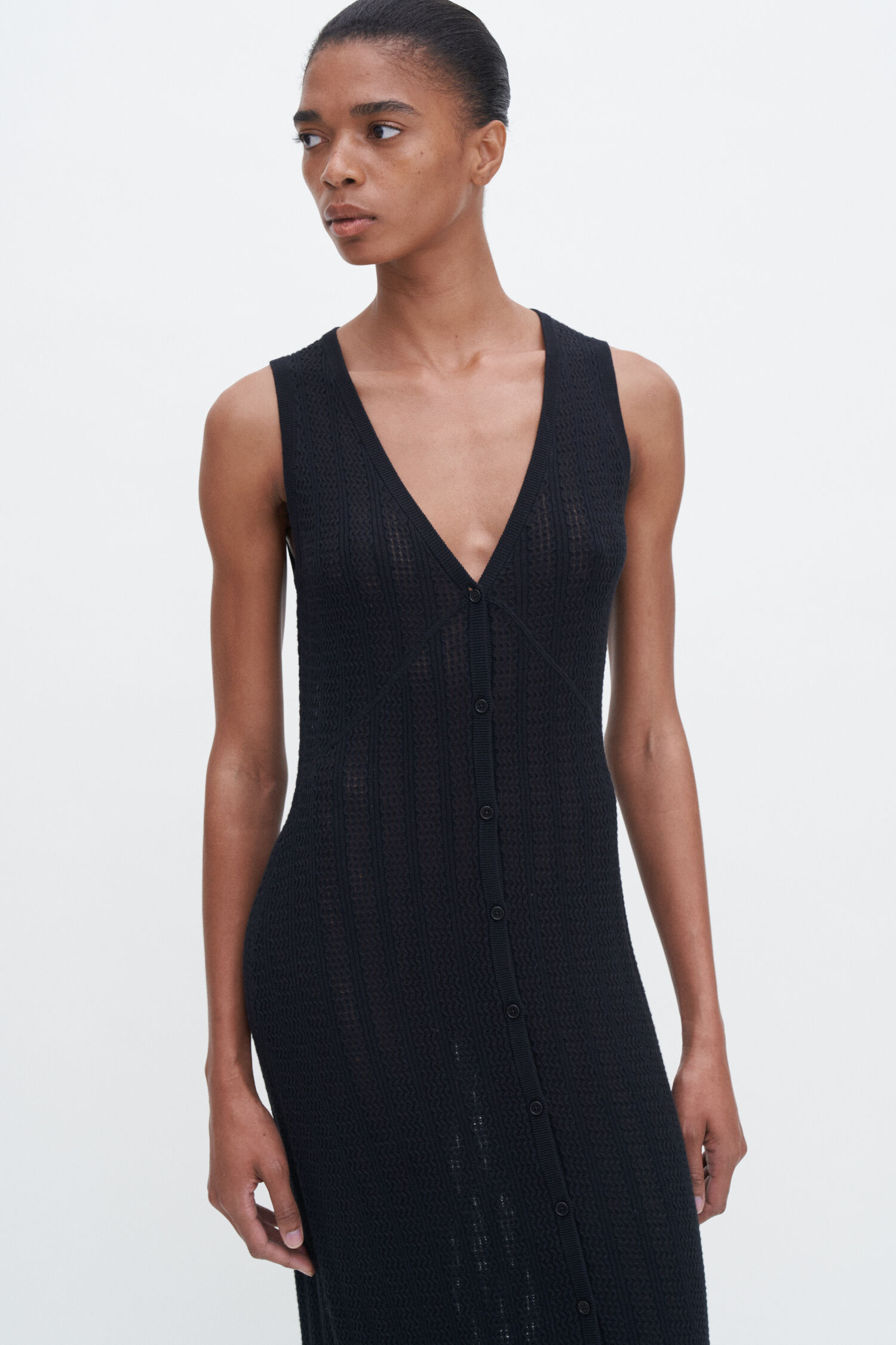 Buttoned Mesh Knit Dress
