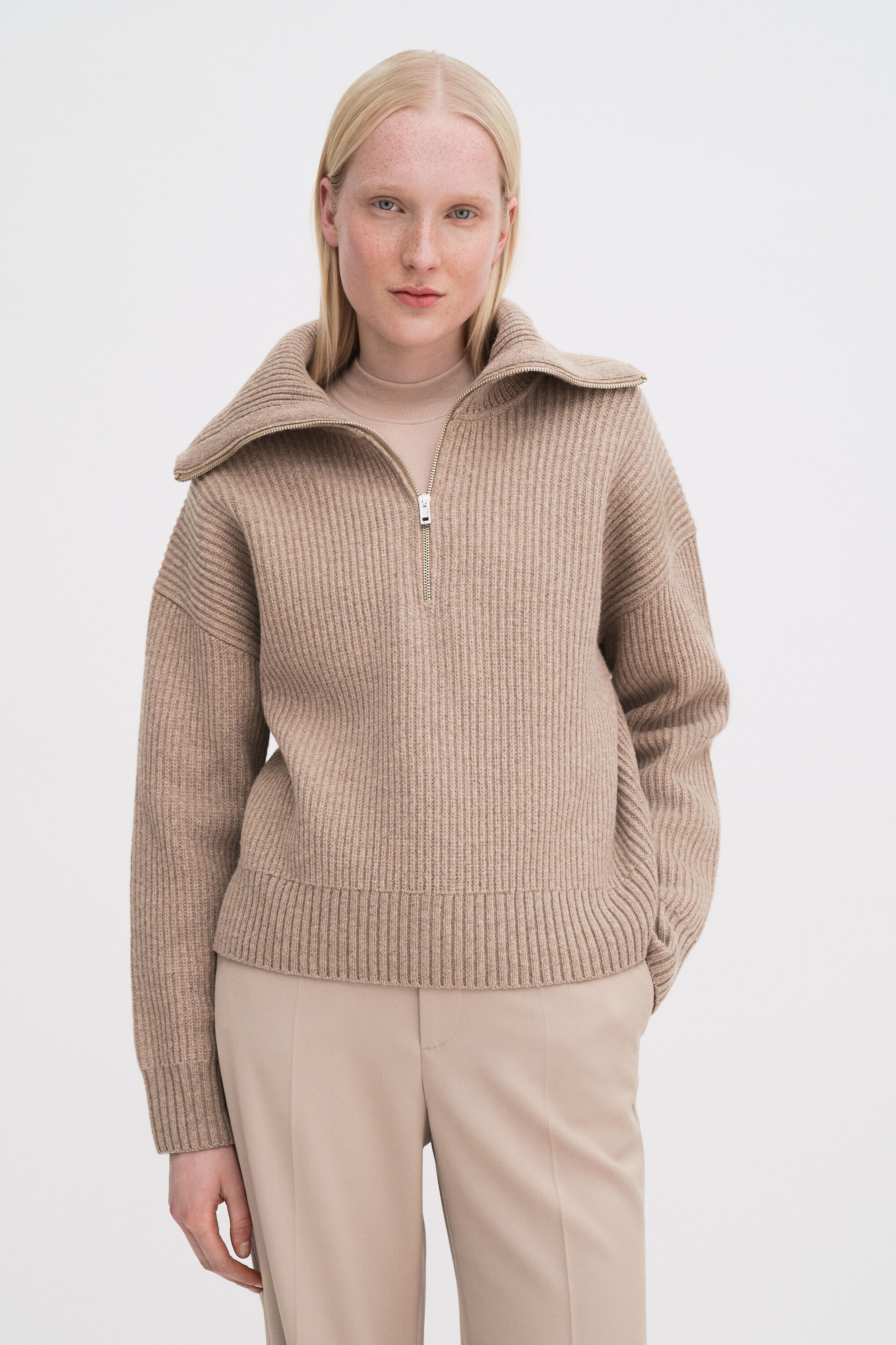 Ribbed Wool Half Zip Sweater - Sandstone | FILIPPA K