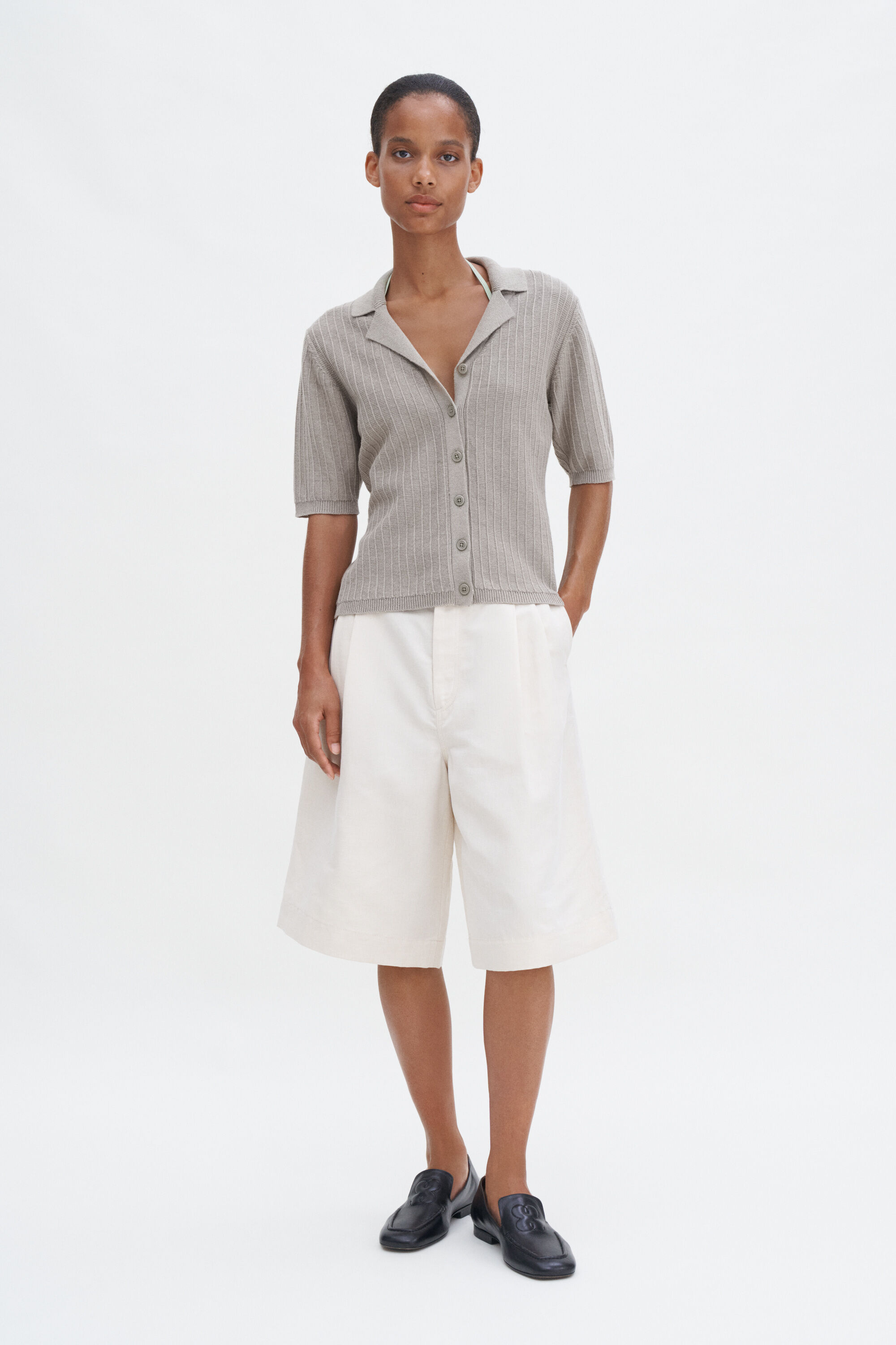 【MODERNIF】Russo Linen Collar Short Sleeve Cardigan Shortsleeve Collar Cardigan - Moss Grey | Filippa K