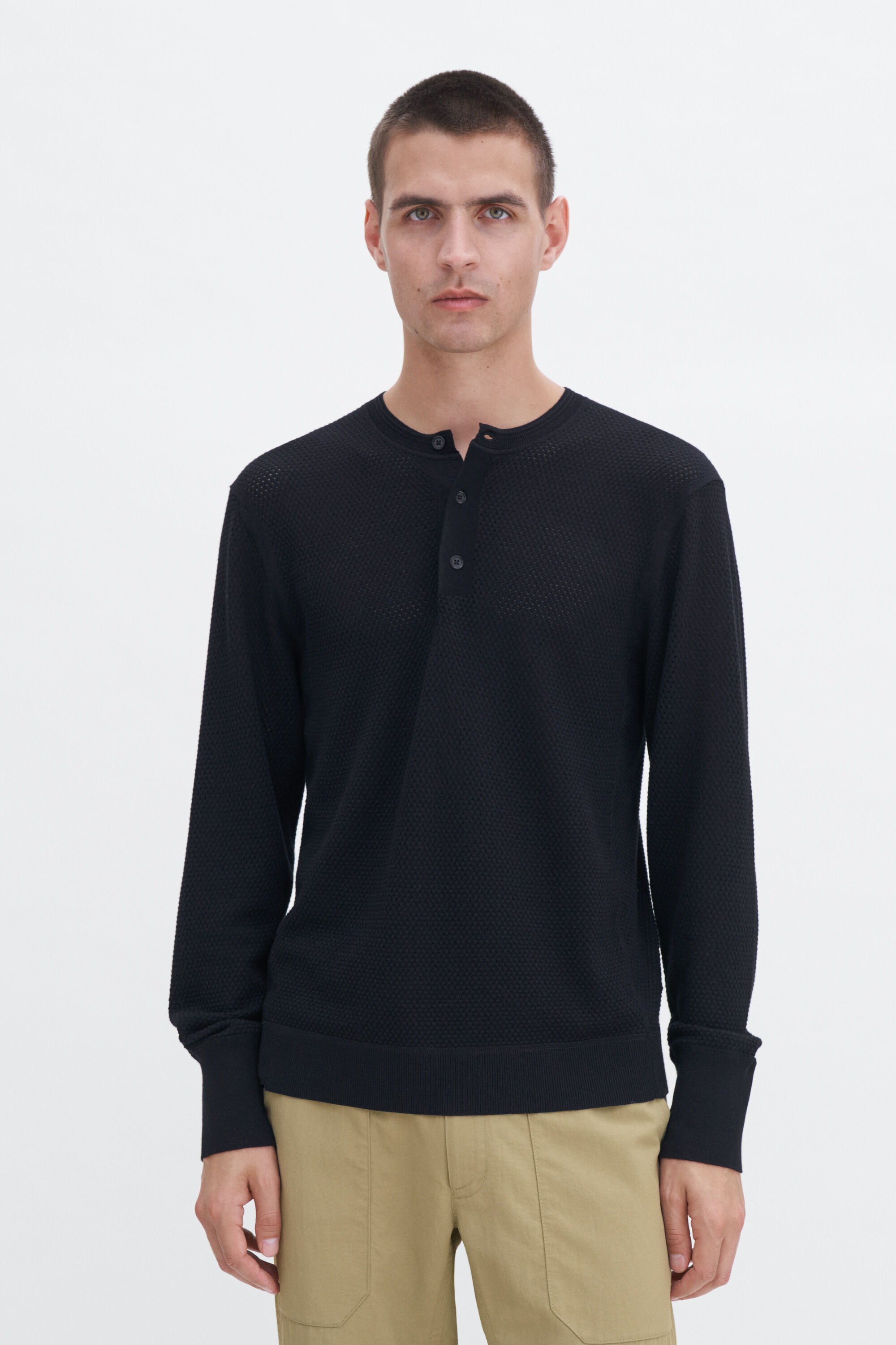 Mesh Knit Henley - Black | FILIPPA K