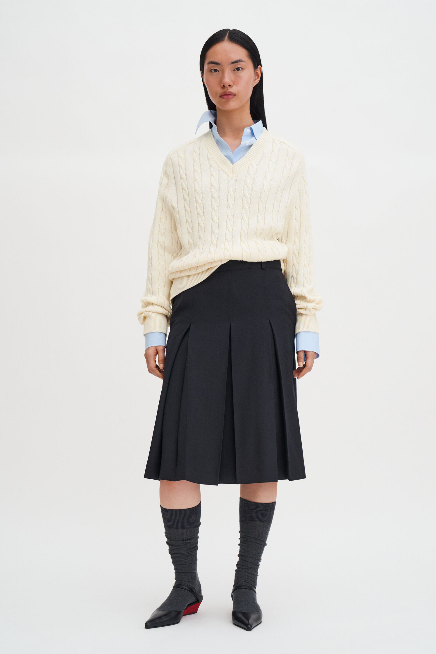 Braided Cotton V-Neck Sweater