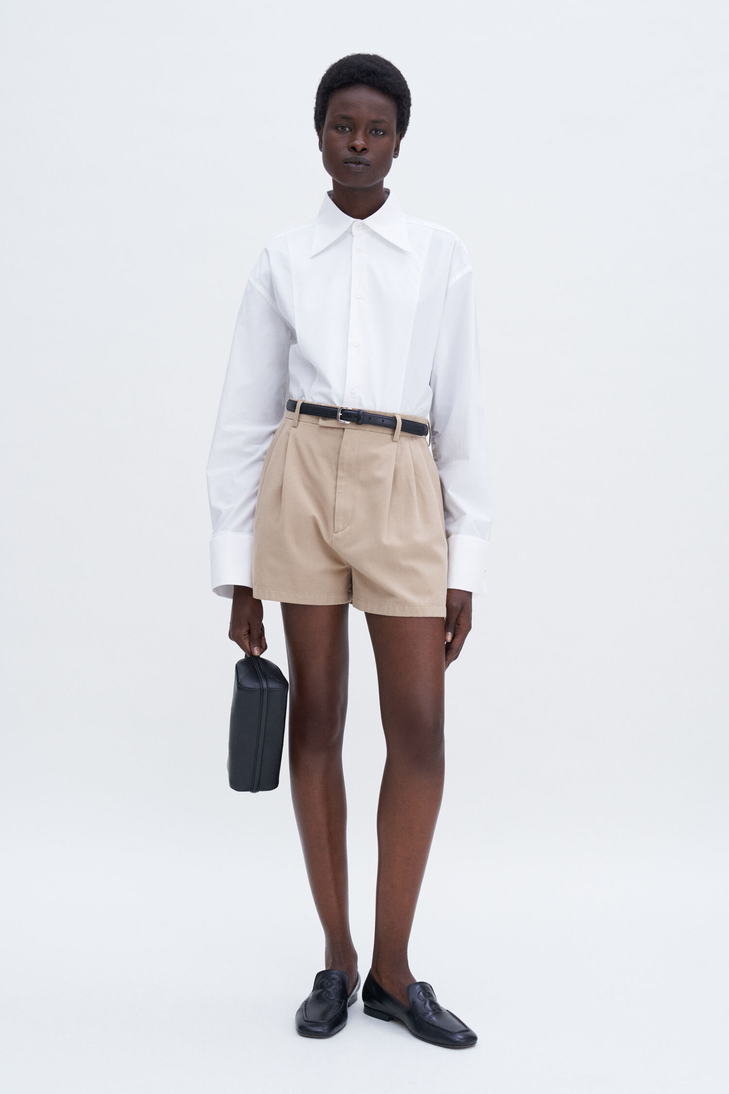 High Waist Pleated Cotton Shorts