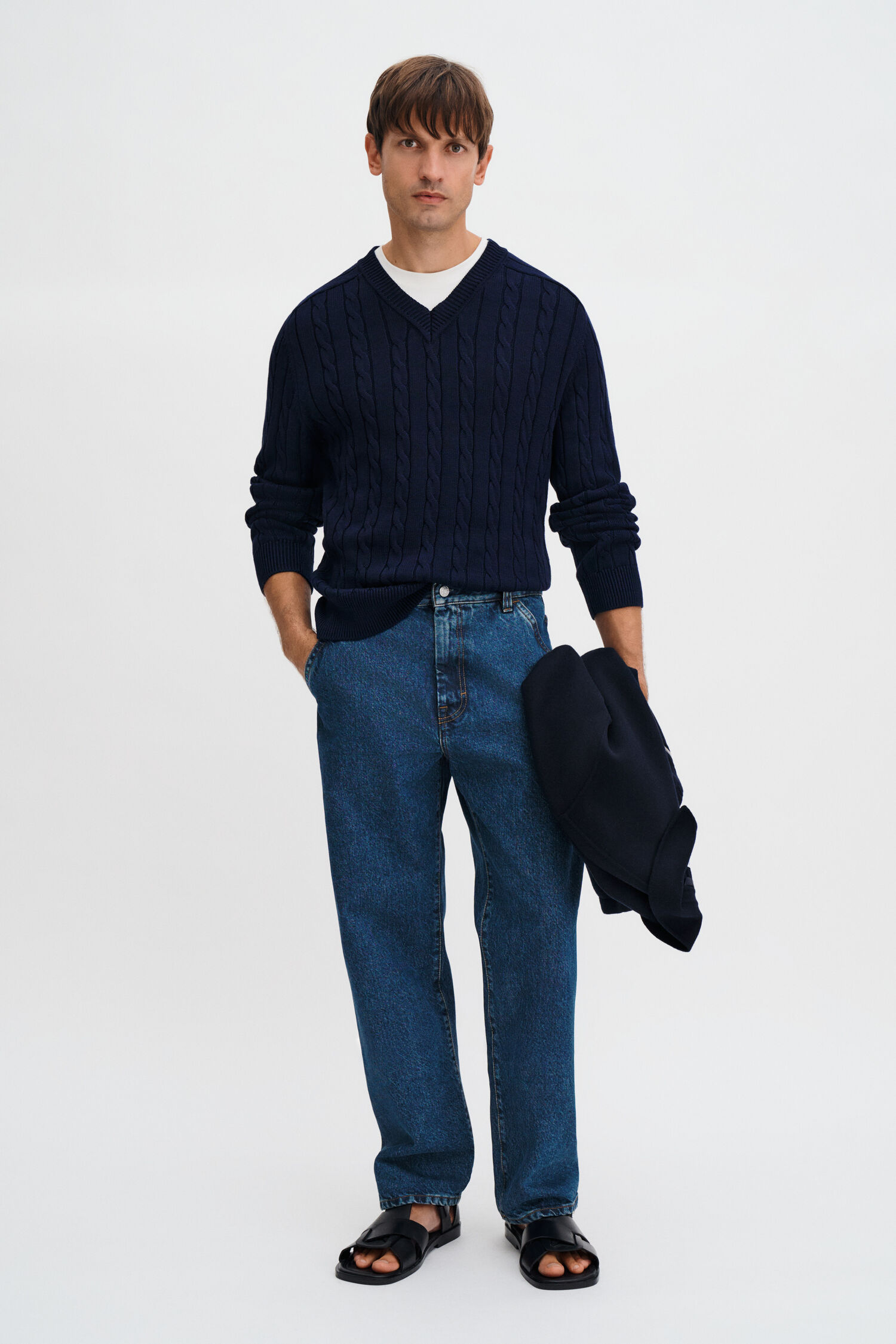 Braided Cotton V-Neck Sweater