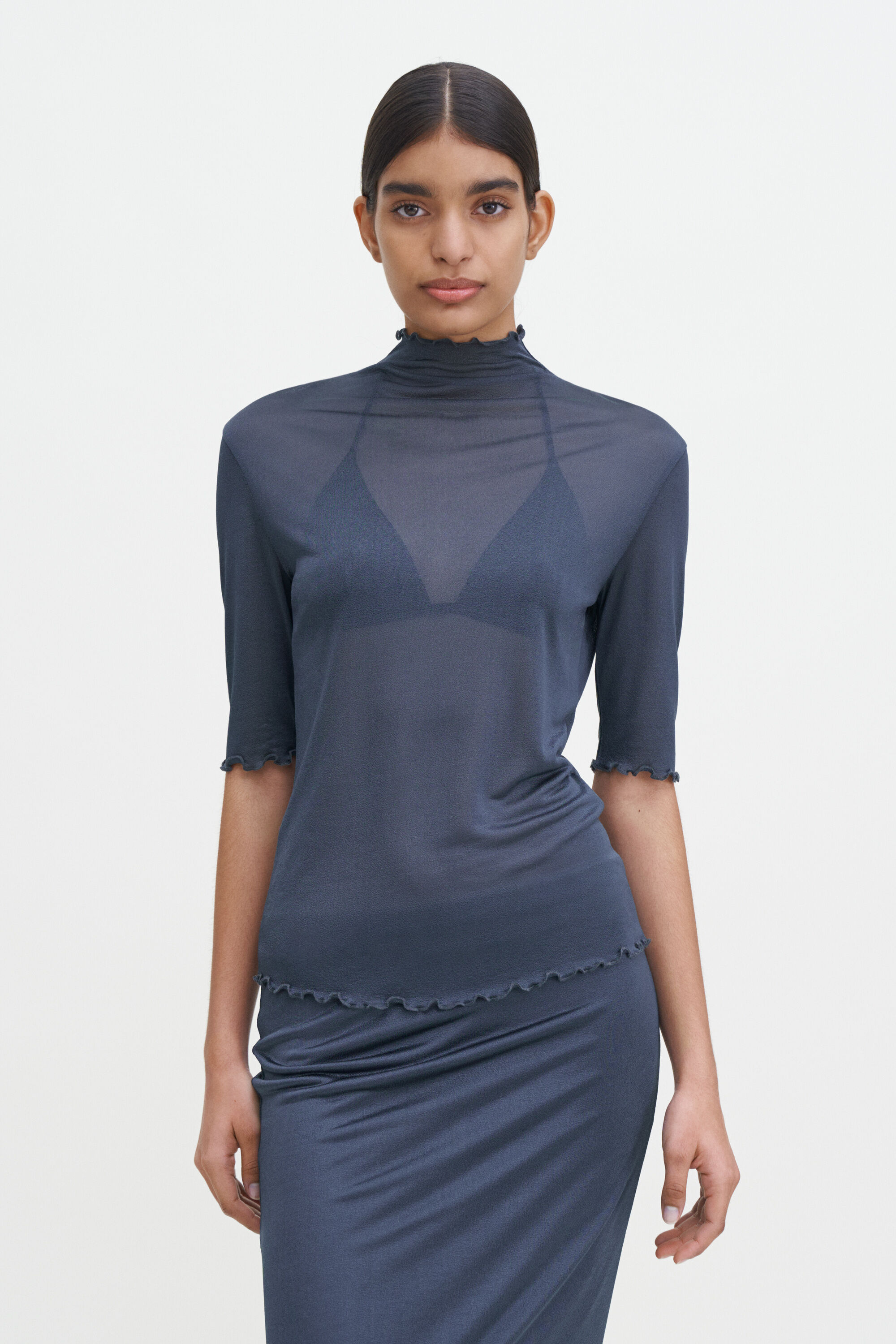 Mock Neck Frill Top - Dawn Blue | FILIPPA K