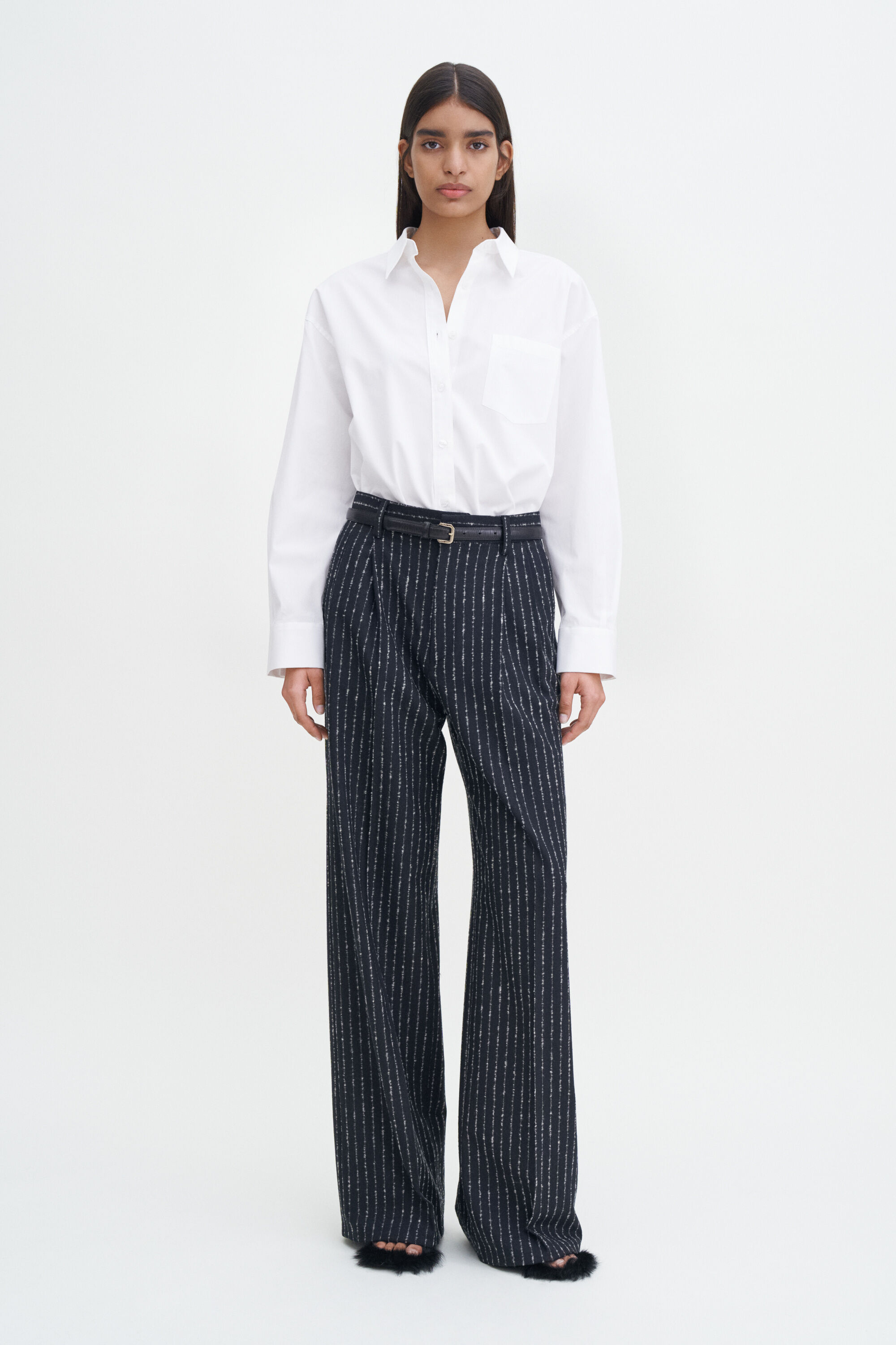 Black and white pinstripe trousers clearance