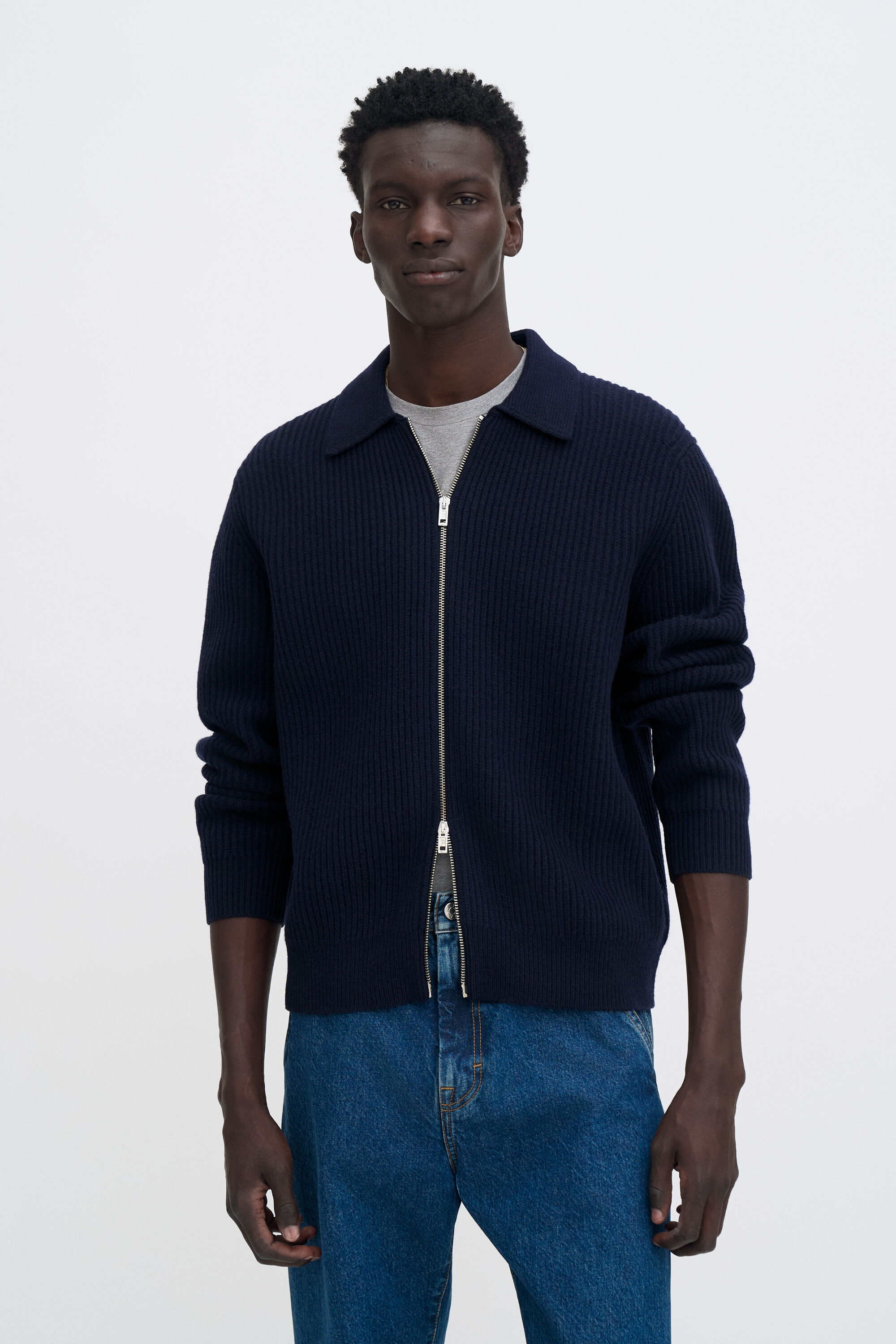Ribbed Wool Zip Cardigan - Navy | FILIPPA K