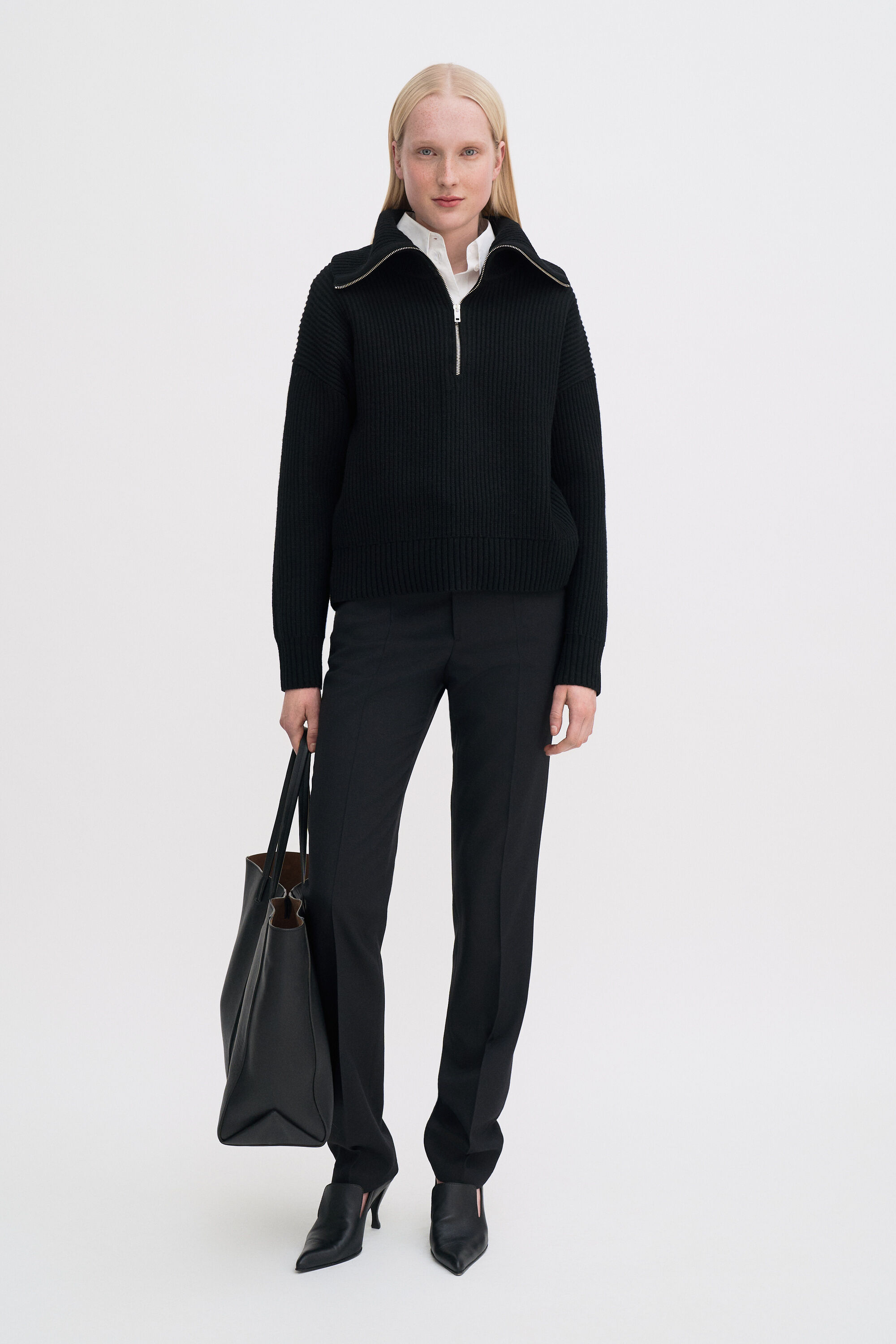 Ribbed Wool Half Zip Sweater - Black | FILIPPA K