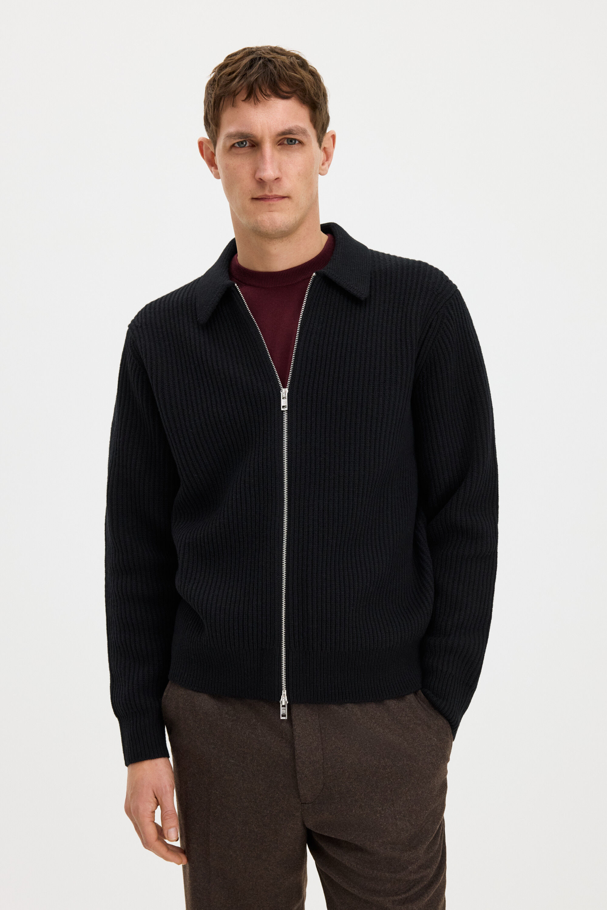 Ribbed Wool Zip Cardigan - Black | FILIPPA K