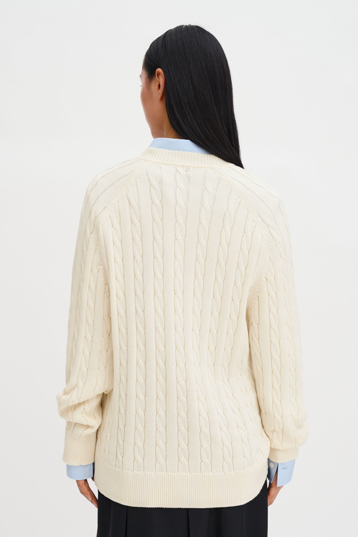 Braided Cotton V-Neck Sweater