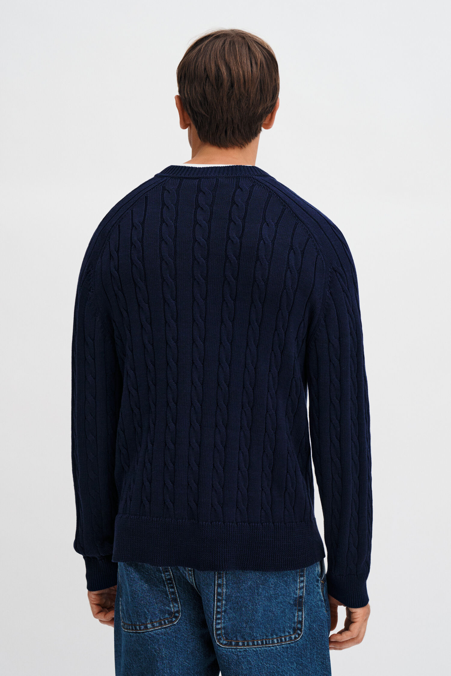 Braided Cotton V-Neck Sweater