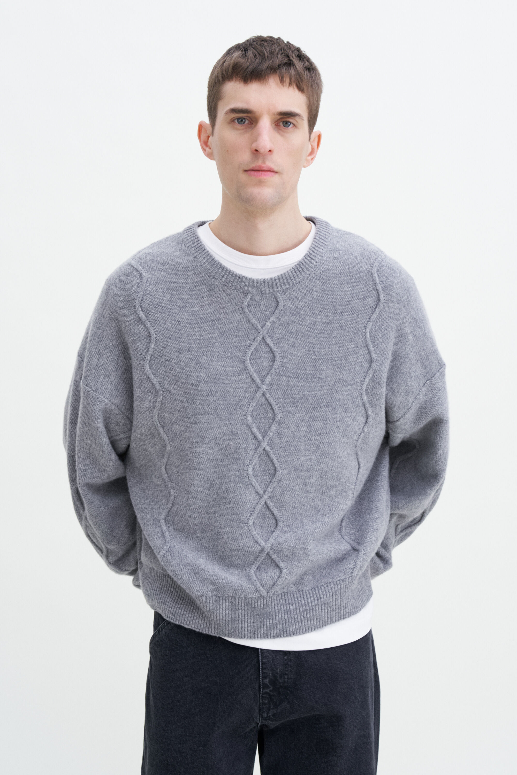 Diamond Cable Sweater - Grey Melange | FILIPPA K