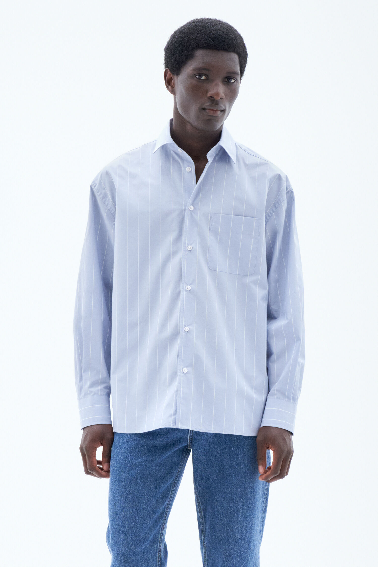 Striped Cotton Poplin Shirt - Faded Blue/ White Stripe | Filippa K