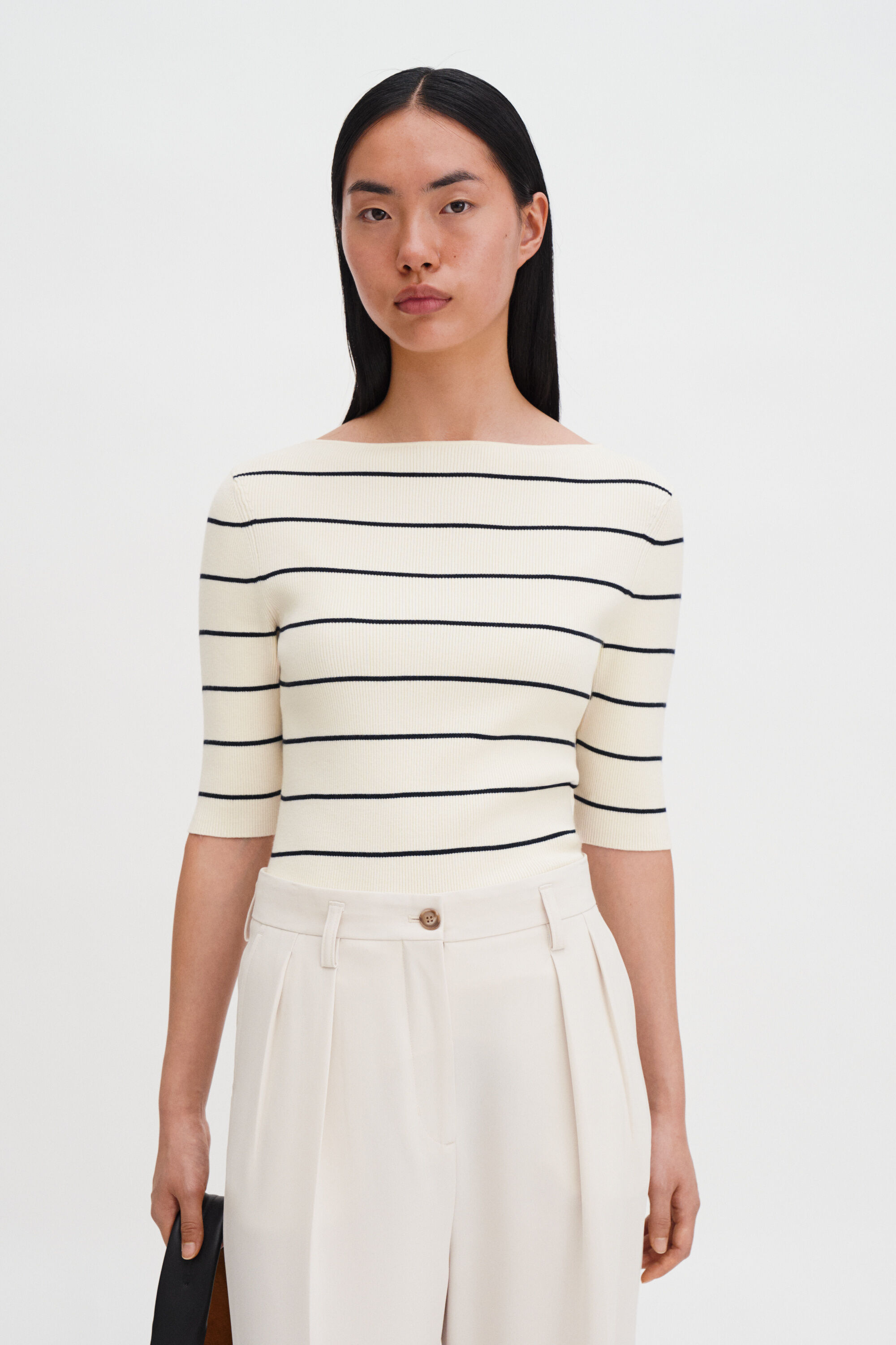 Boatneck Rib Top - White/Navy | FILIPPA K