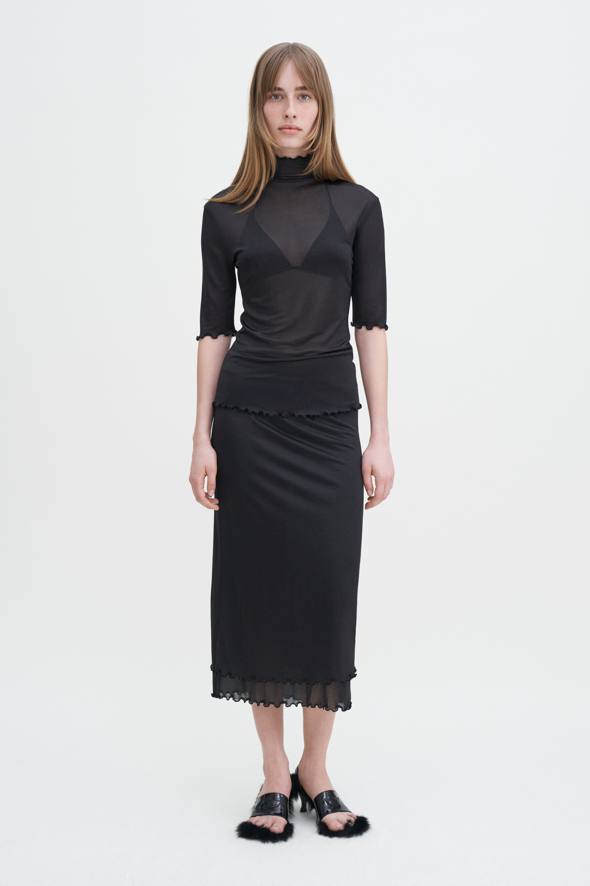 Filippa K Mock Neck Frill Top In Black