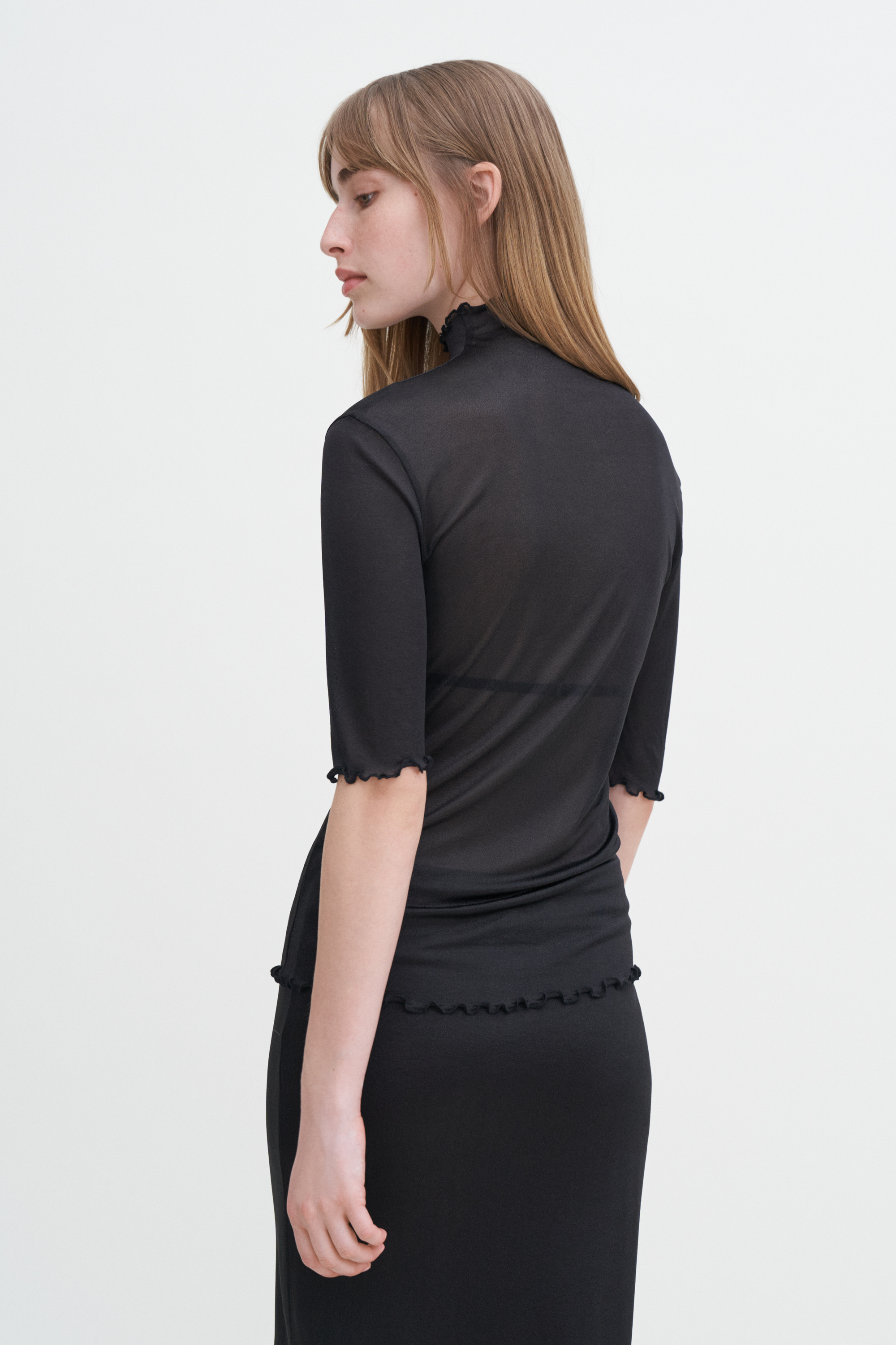 Filippa K Mock Neck Frill Top In Black