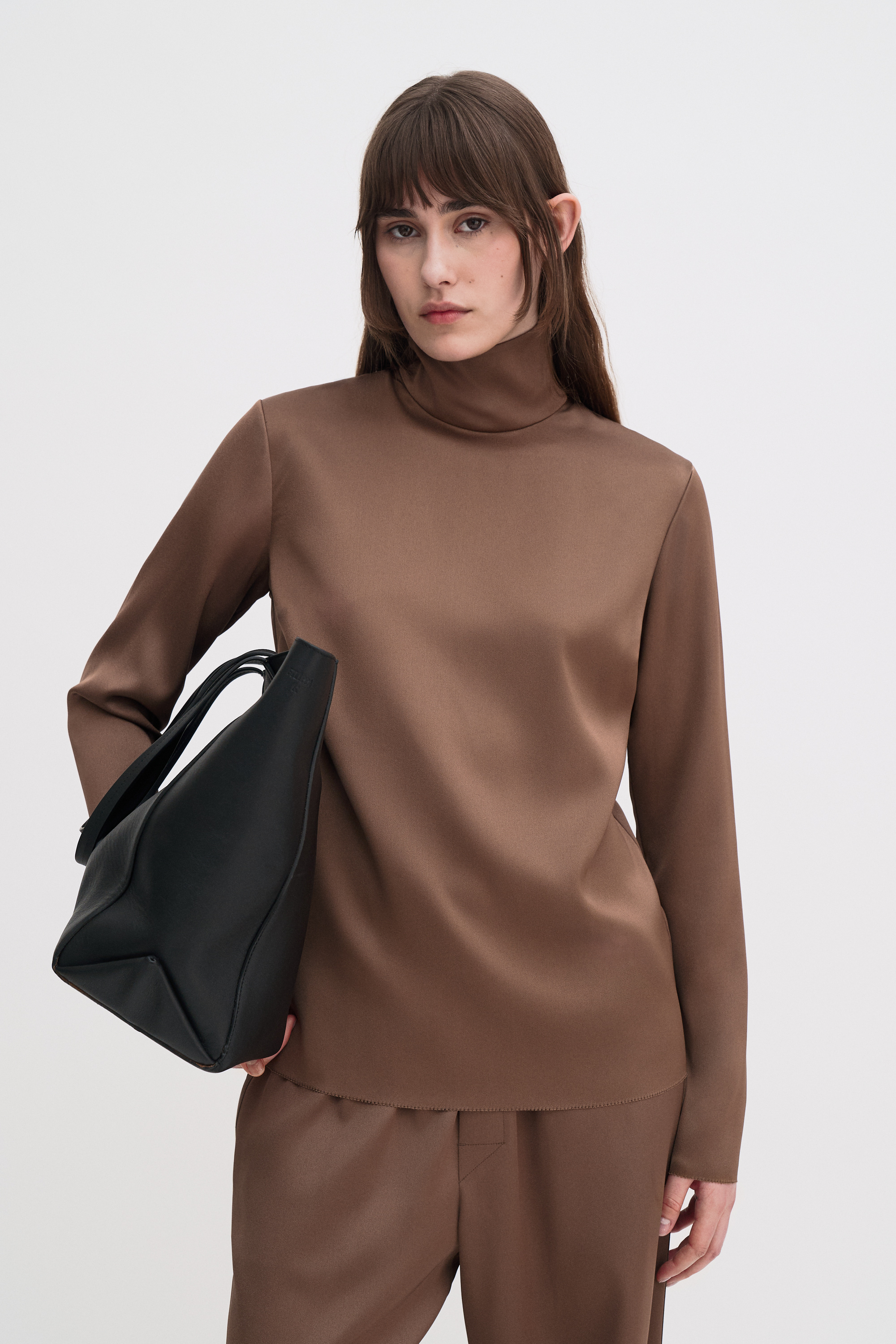 Filippa K Turtleneck Satin Blouse In Brown
