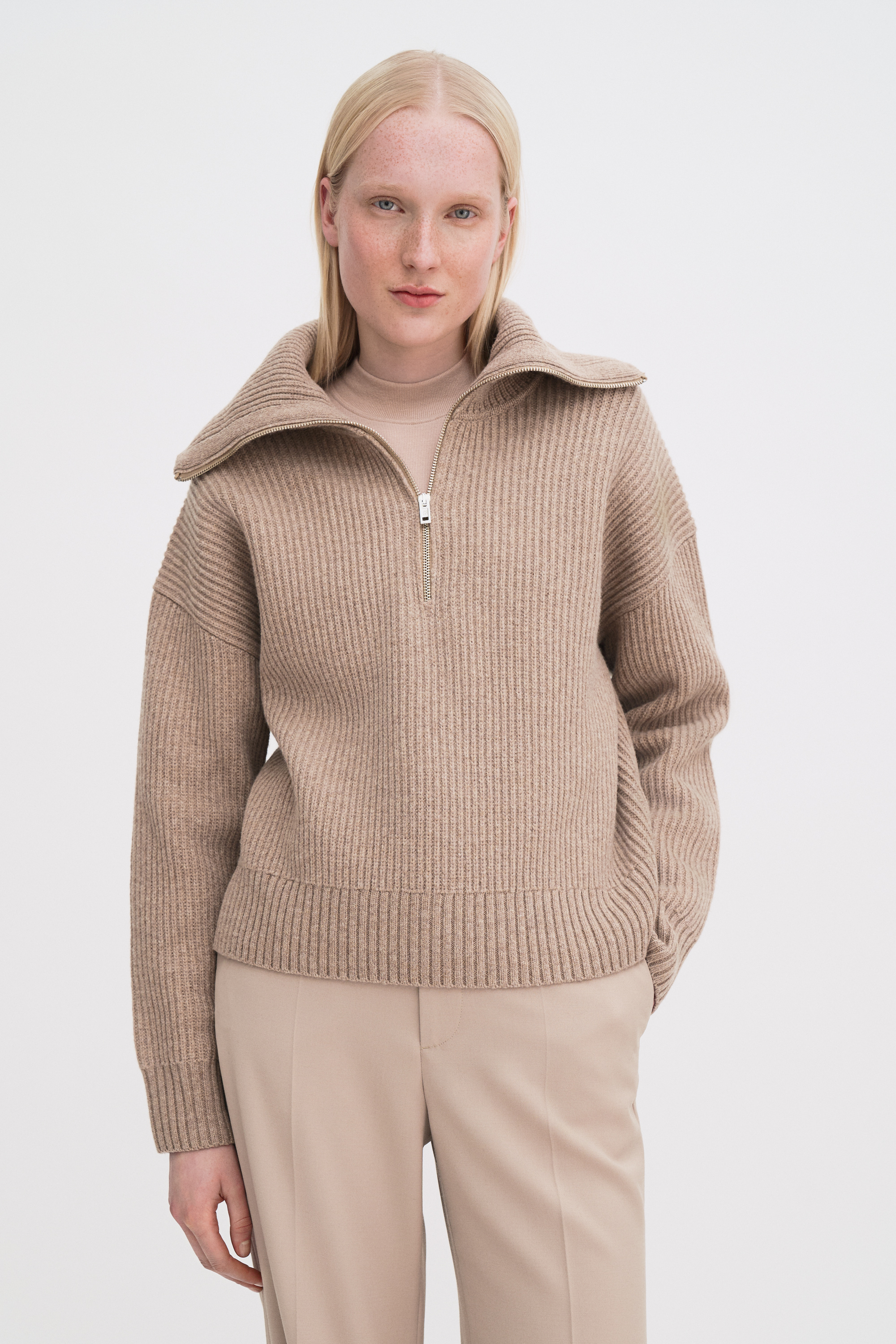 Filippa K Ribbed Wool Half Zip Sweater In Brown