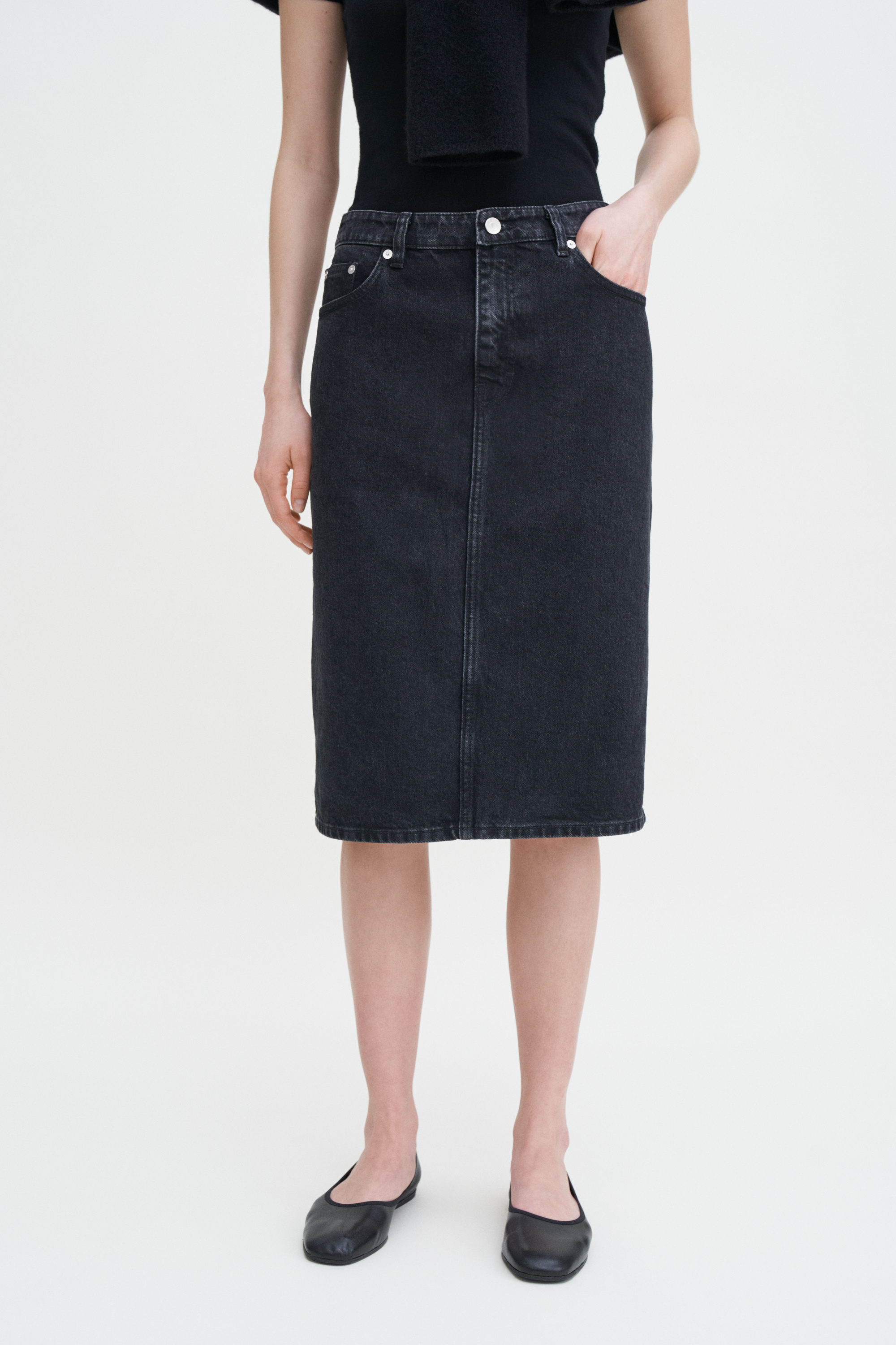 Shop Filippa K Denim Midi Skirt In Black