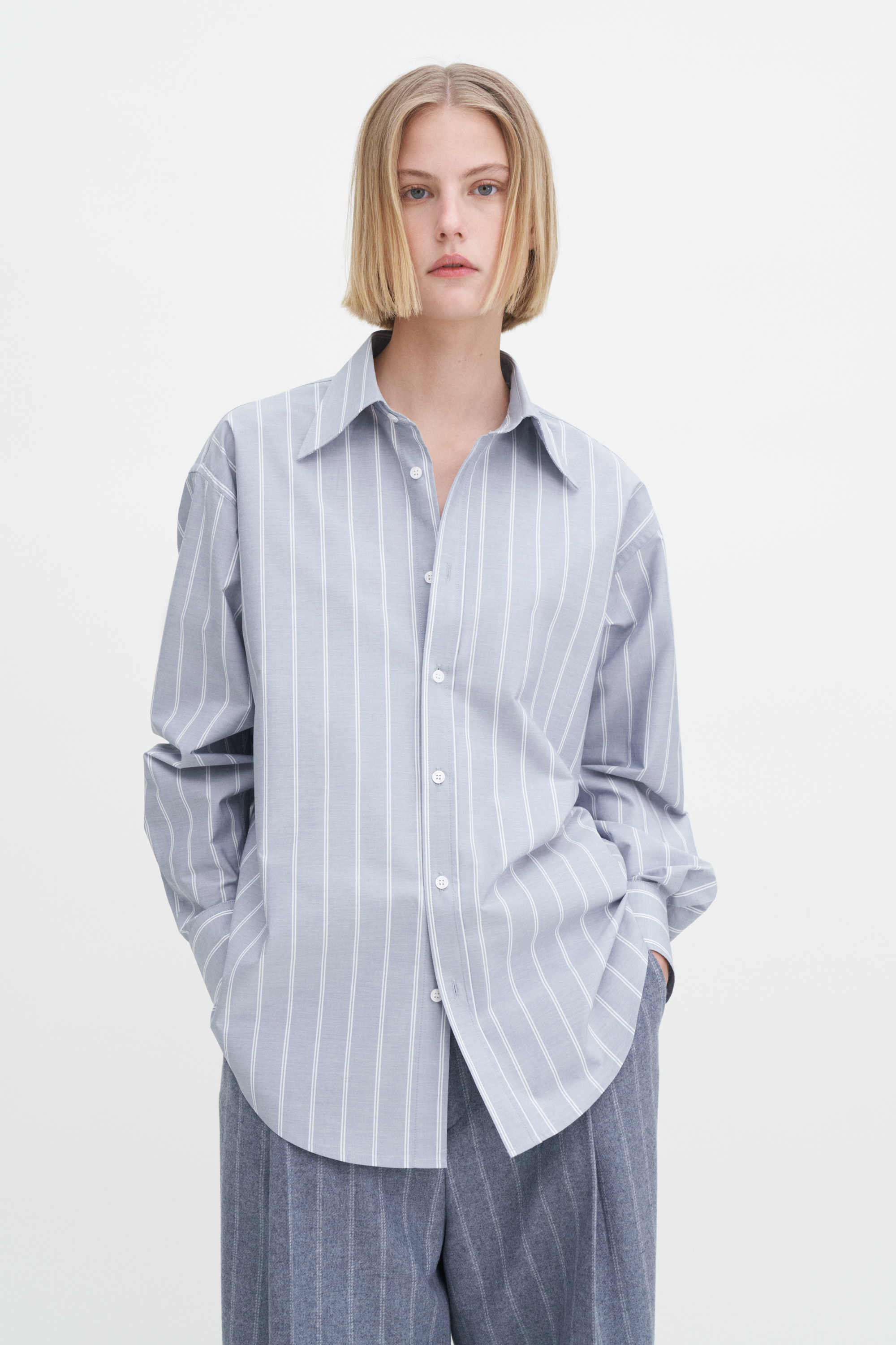 Filippa K Cotton Chambray Shirt In Stripes,prints