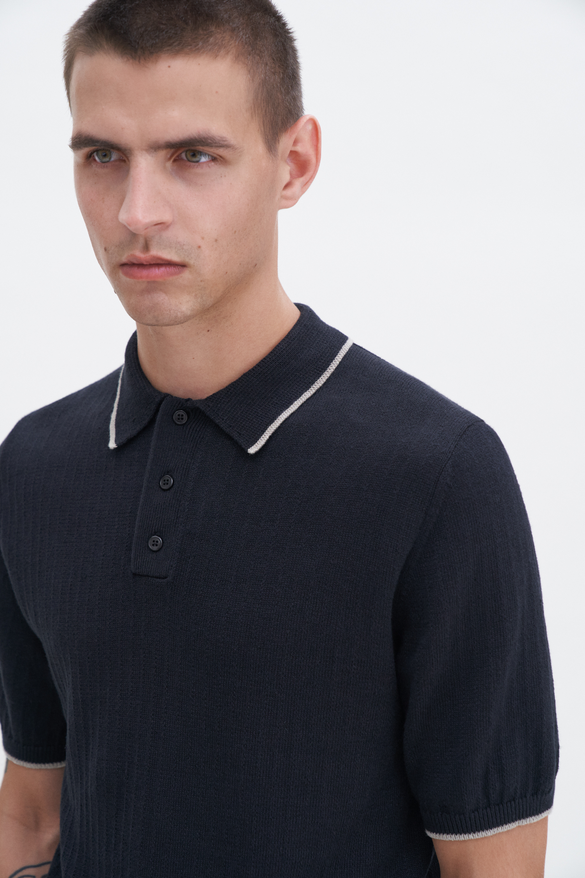 Filippa K Linen Cotton Knit Polo In Black