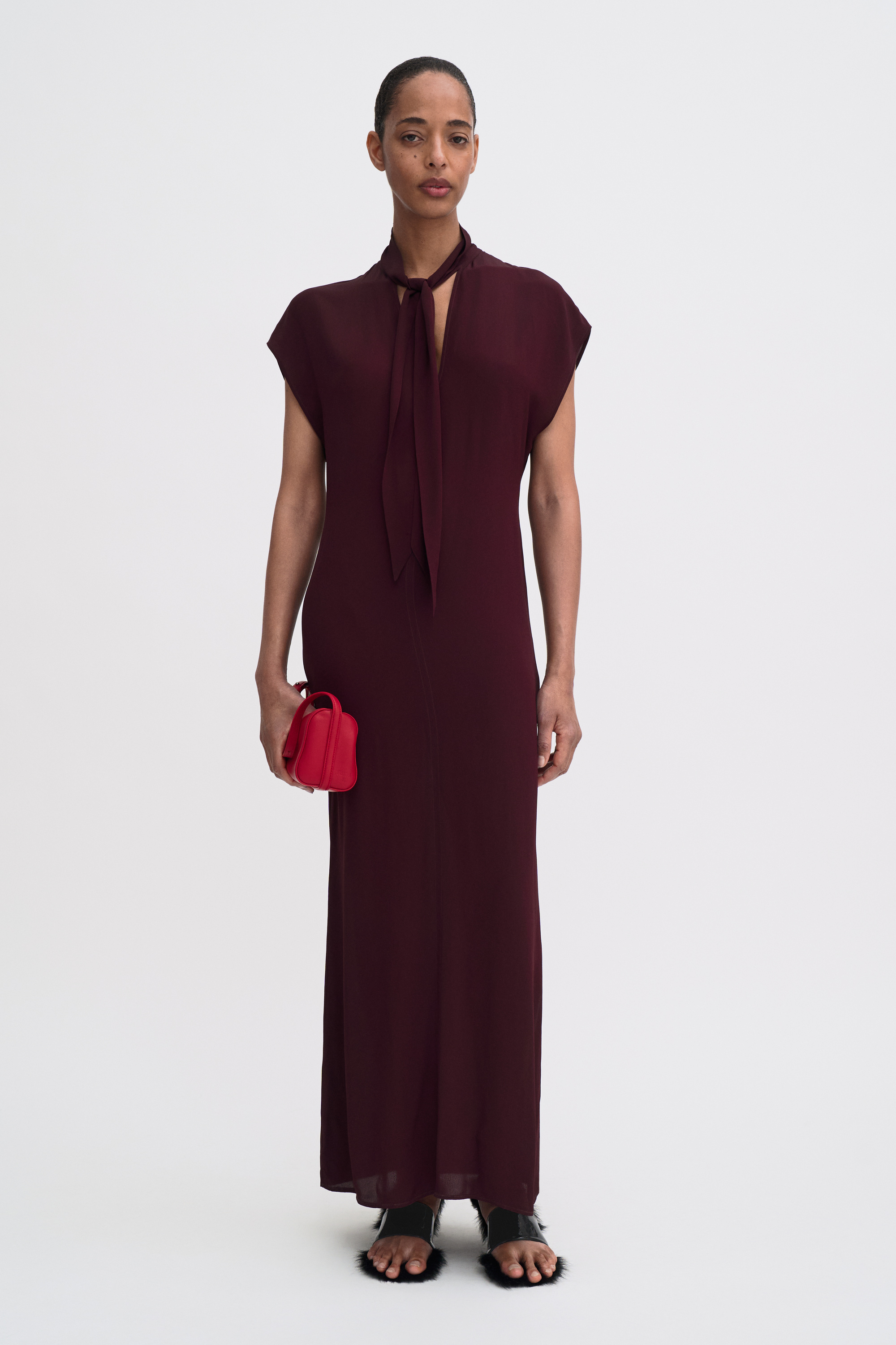 Filippa K Long Tie-neck Dress In Burgundy