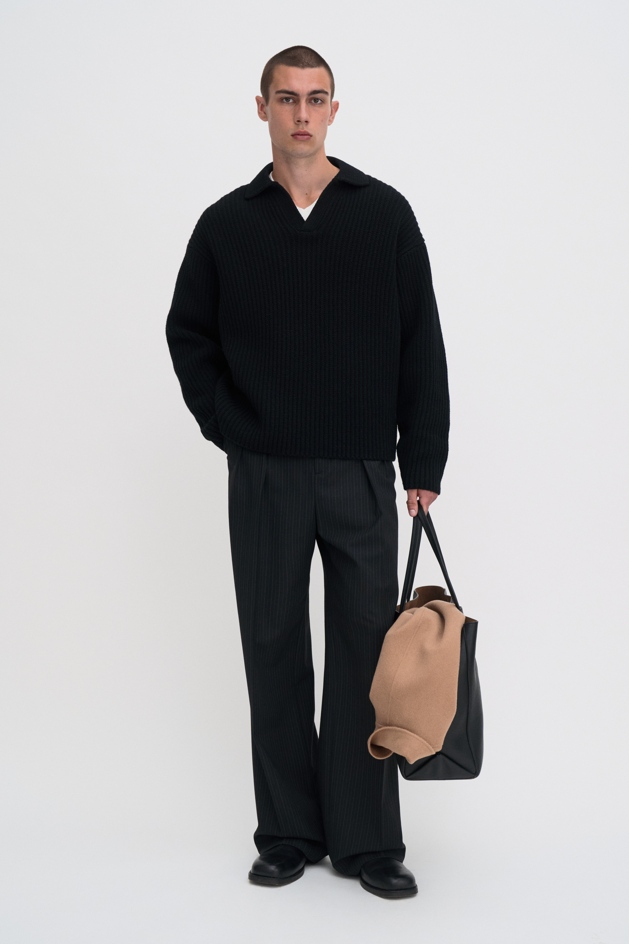 Filippa K Chunky Ribbed Wool Polo In Black