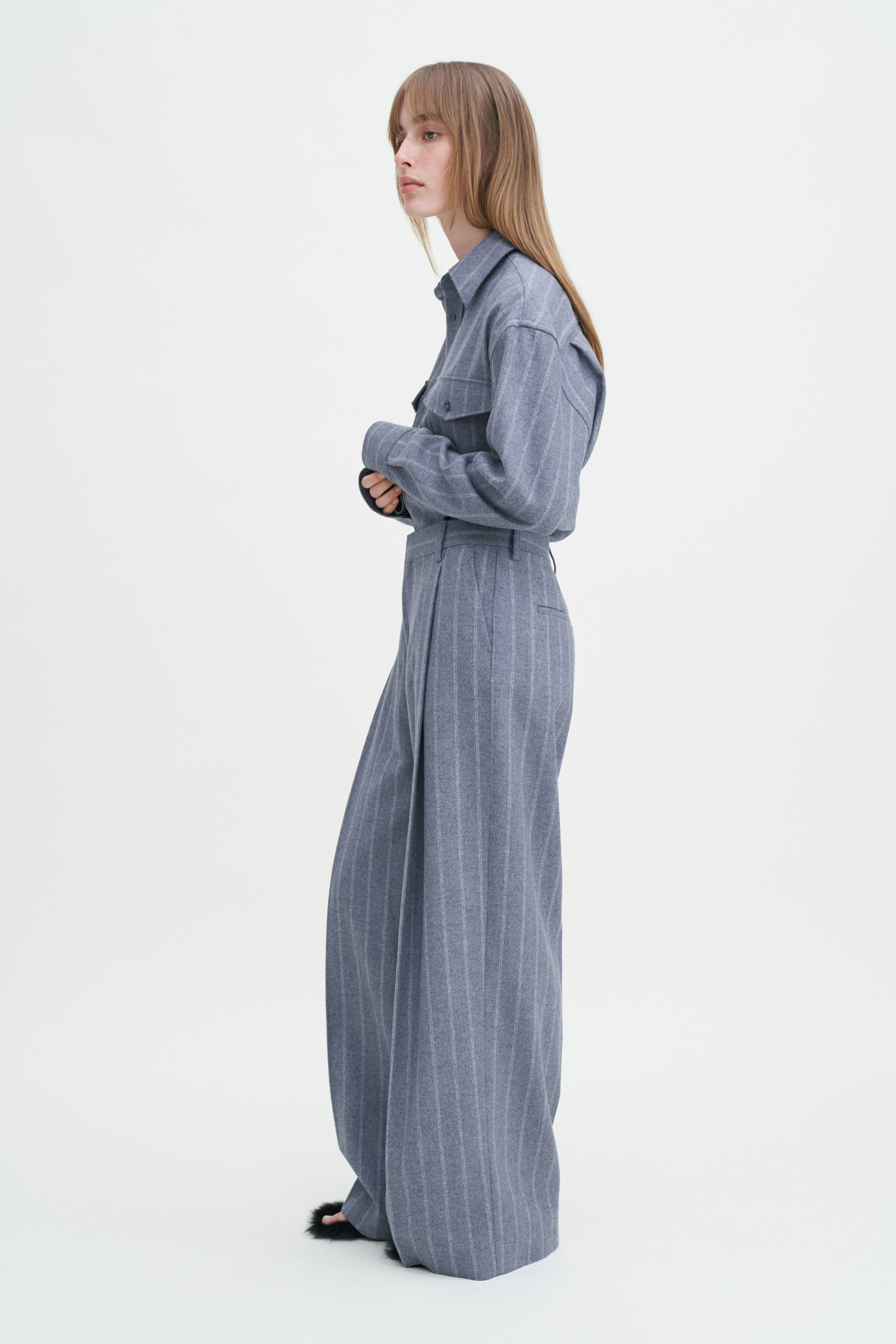 Filippa K Wide Pleated Striped Trousers In Blue