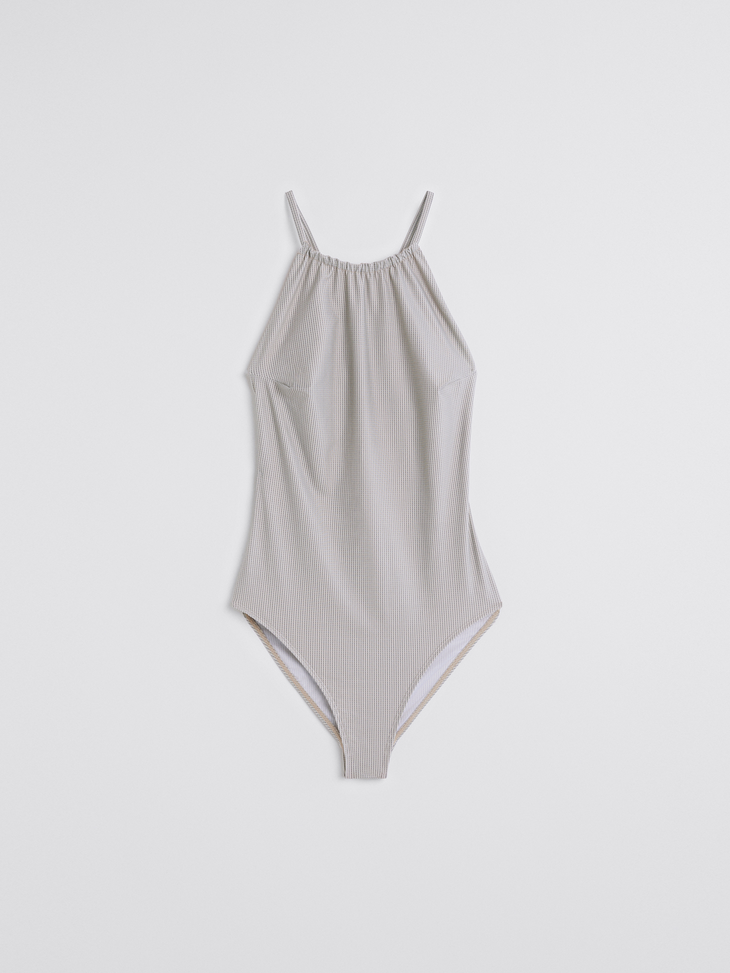 Filippa K Halter Printed Swimsuit In Beige Stripe Print