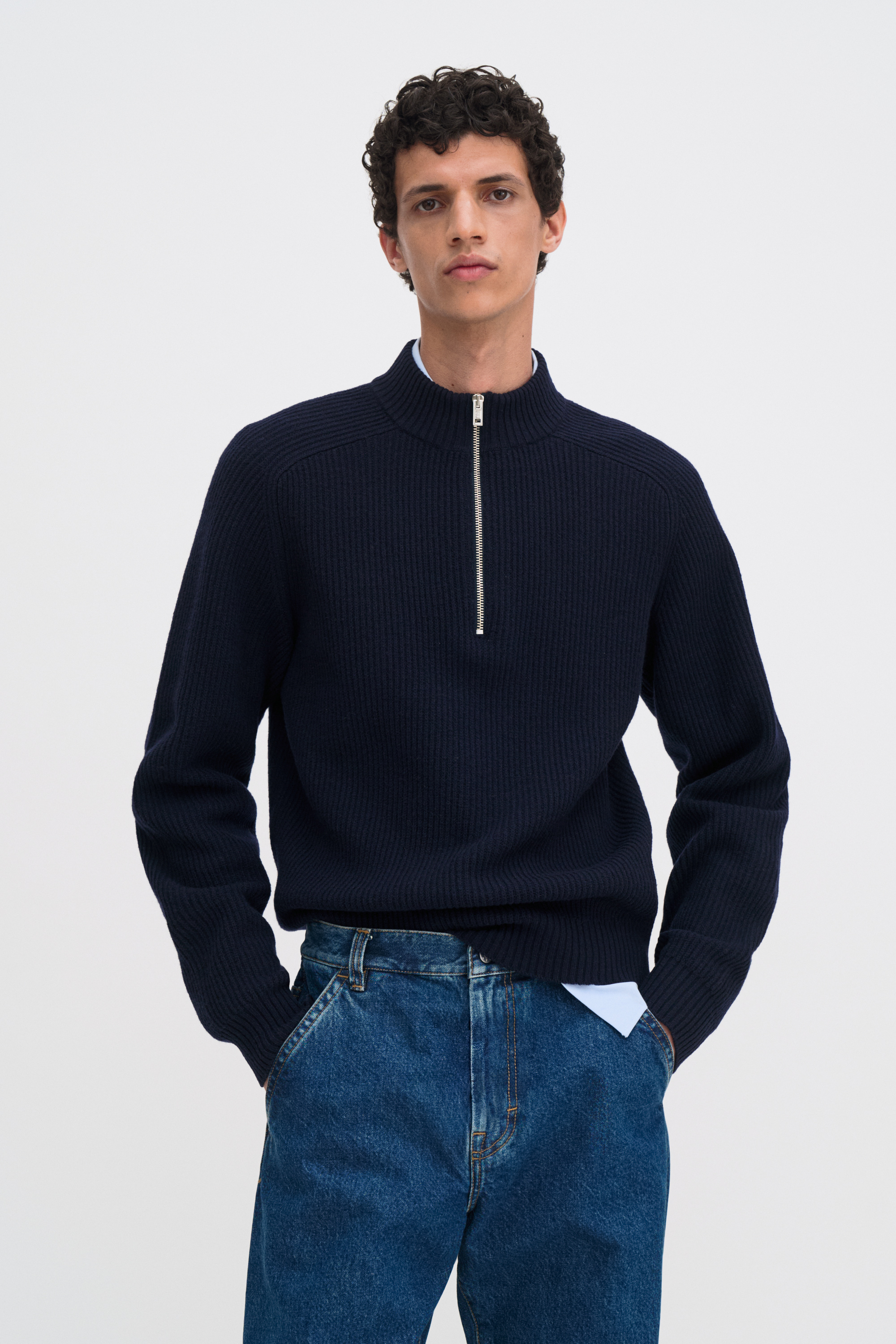 Filippa K Ribbed Wool Half Zip Sweater In Blue