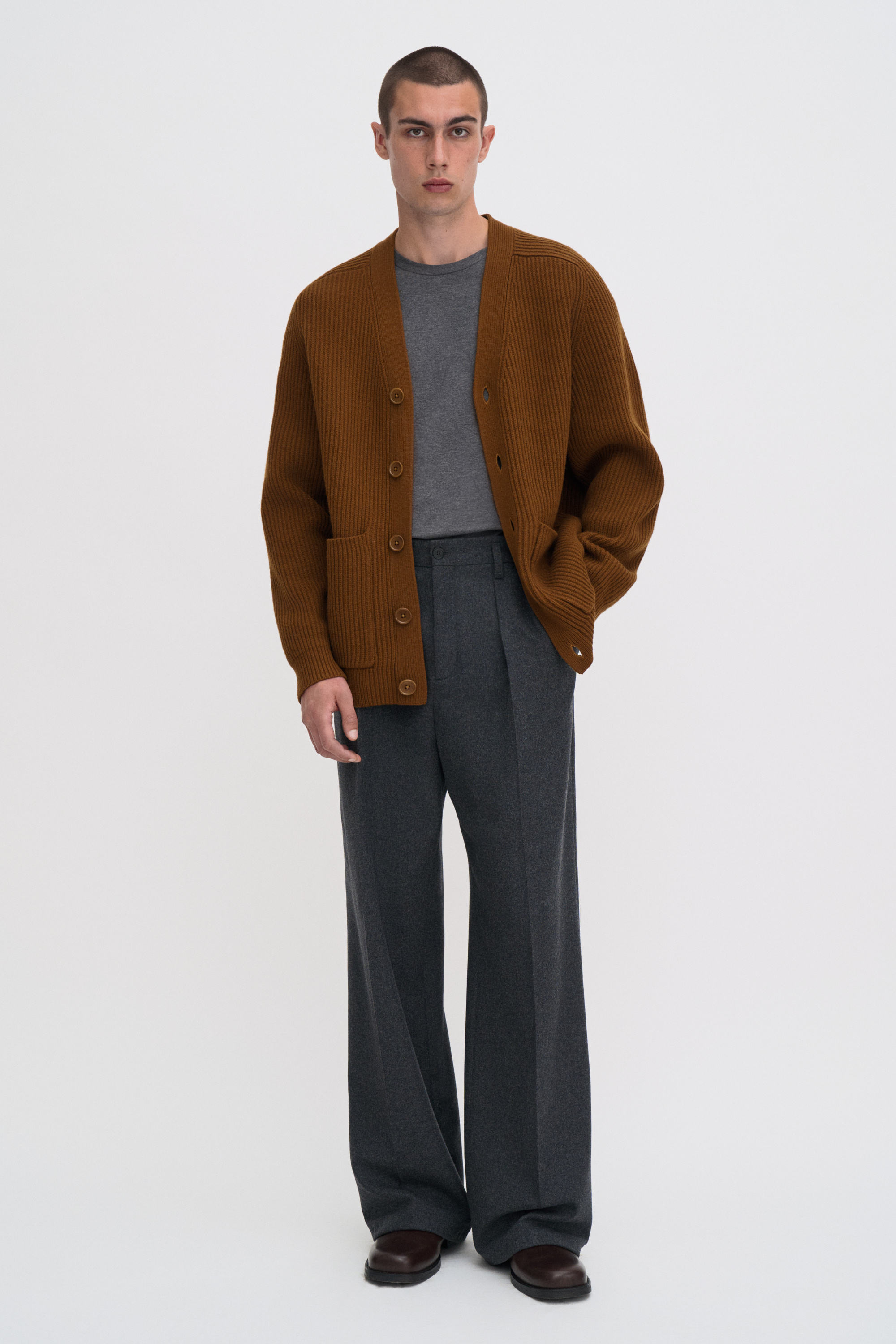 Filippa K Chunky Ribbed Wool Cardigan In Brown
