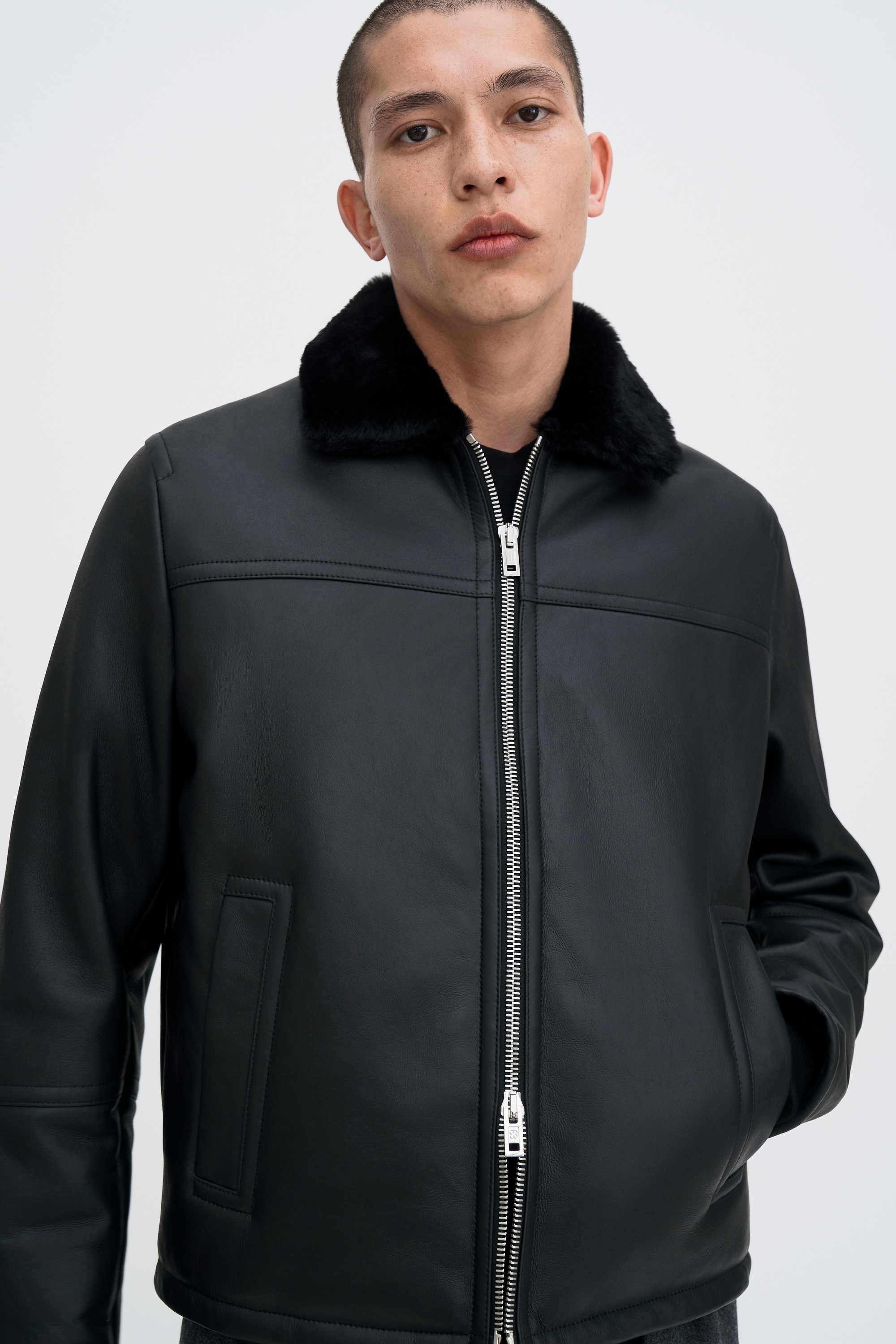 Filippa K Shearling Leather Jacket In Black